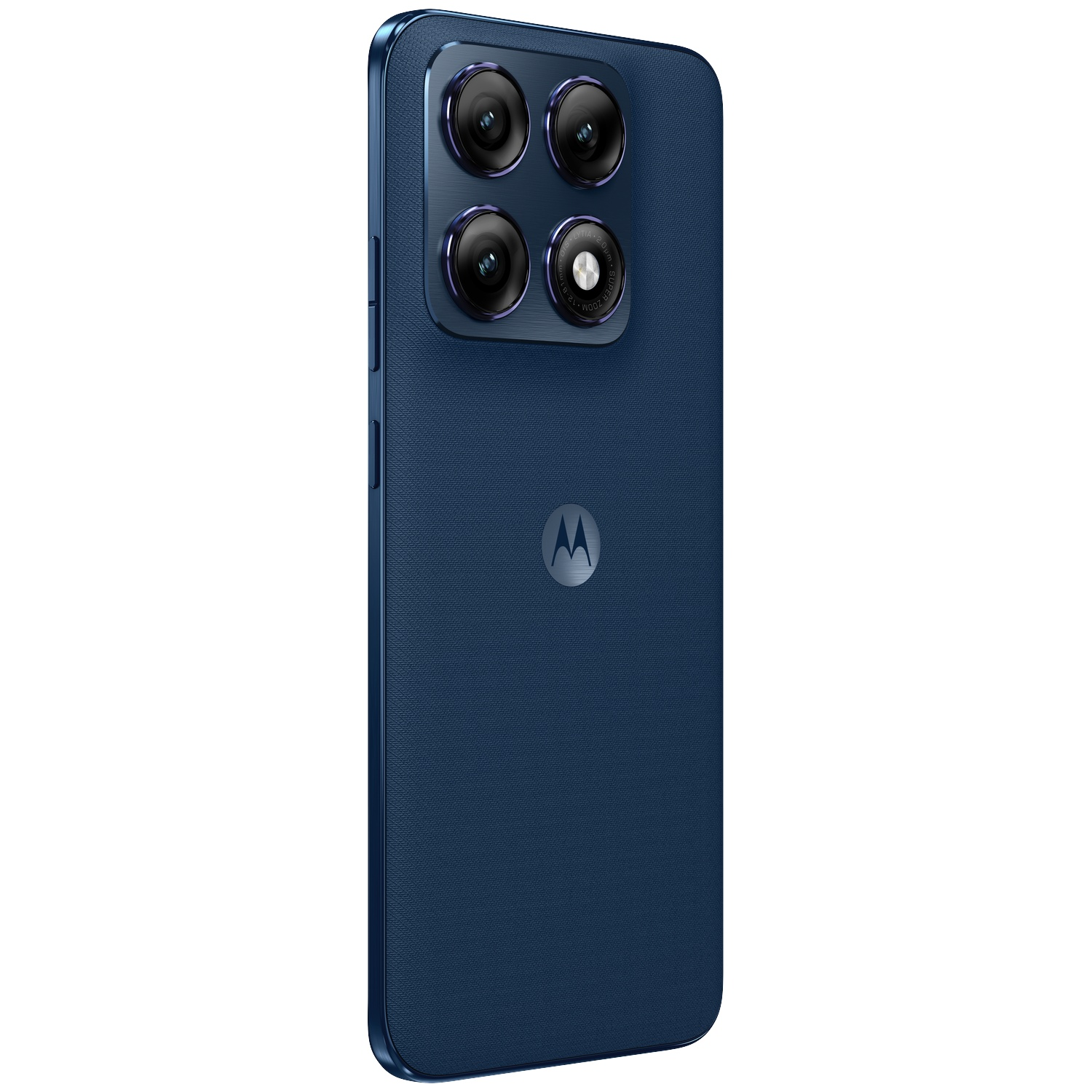 Smartphone bleu foncé avec quatre caméras et logo Motorola sur fond blanc.