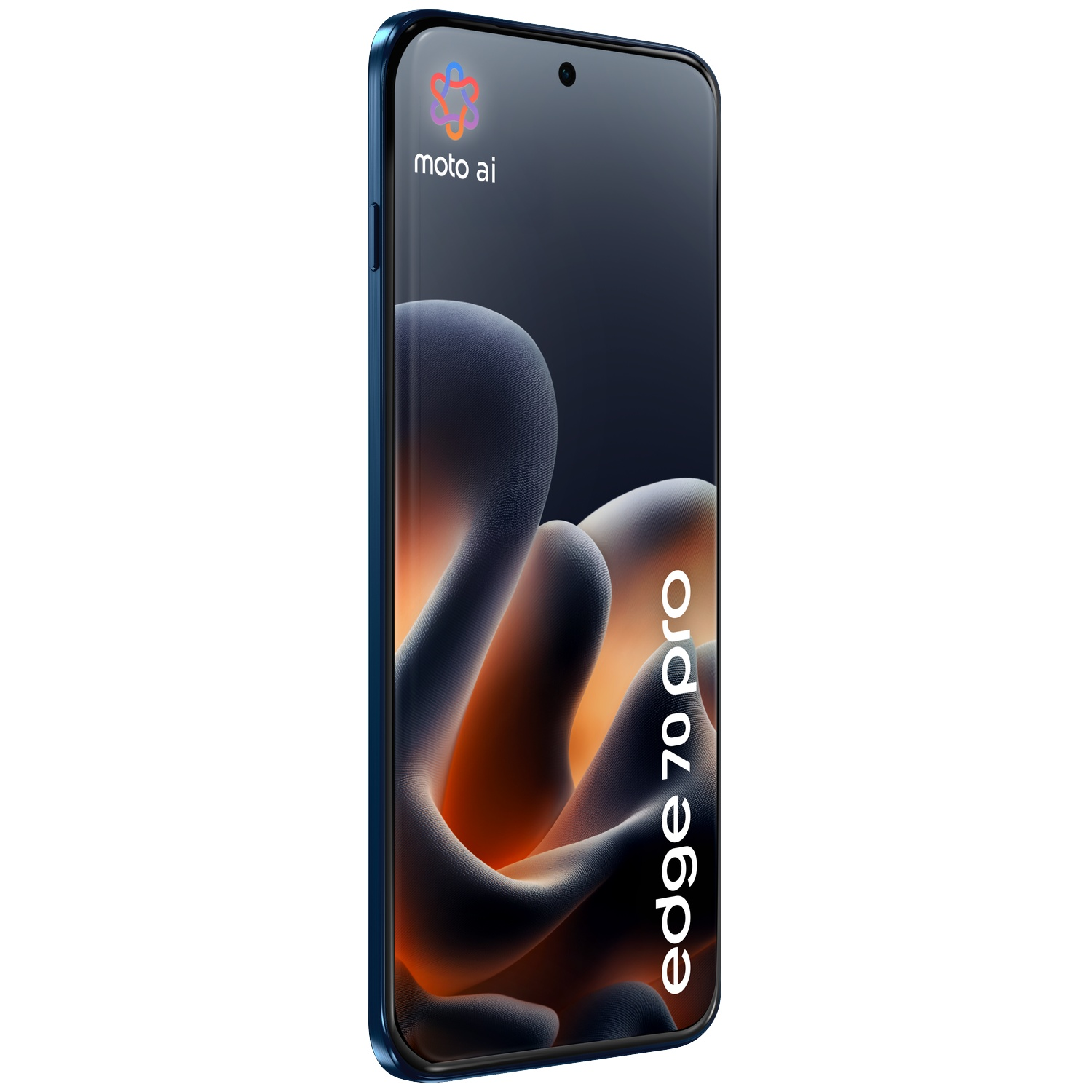Un smartphone Motorola Edge 70 Pro bleu affichant le logo Moto AI sur son écran.