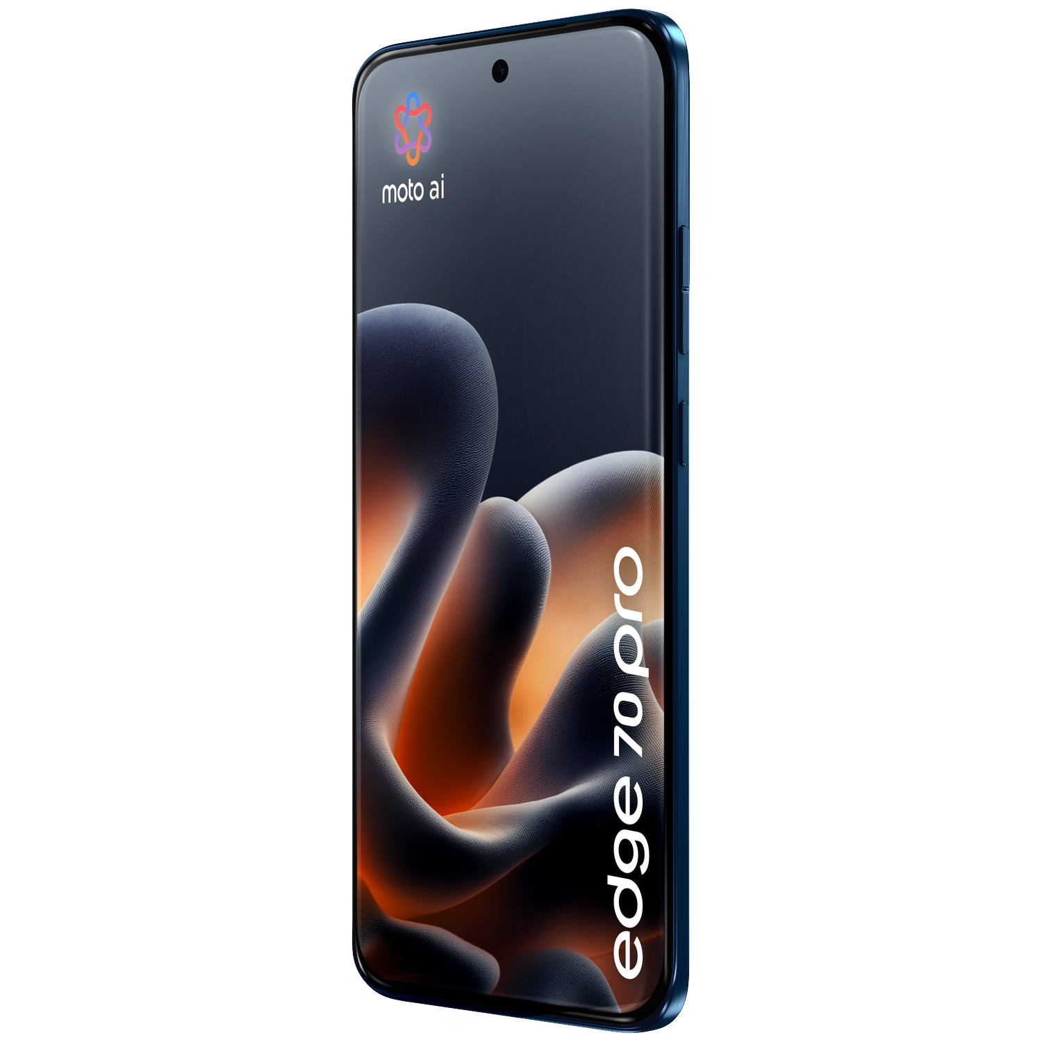Un smartphone Motorola Edge 70 Pro bleu affichant le logo Moto AI à l'écran.