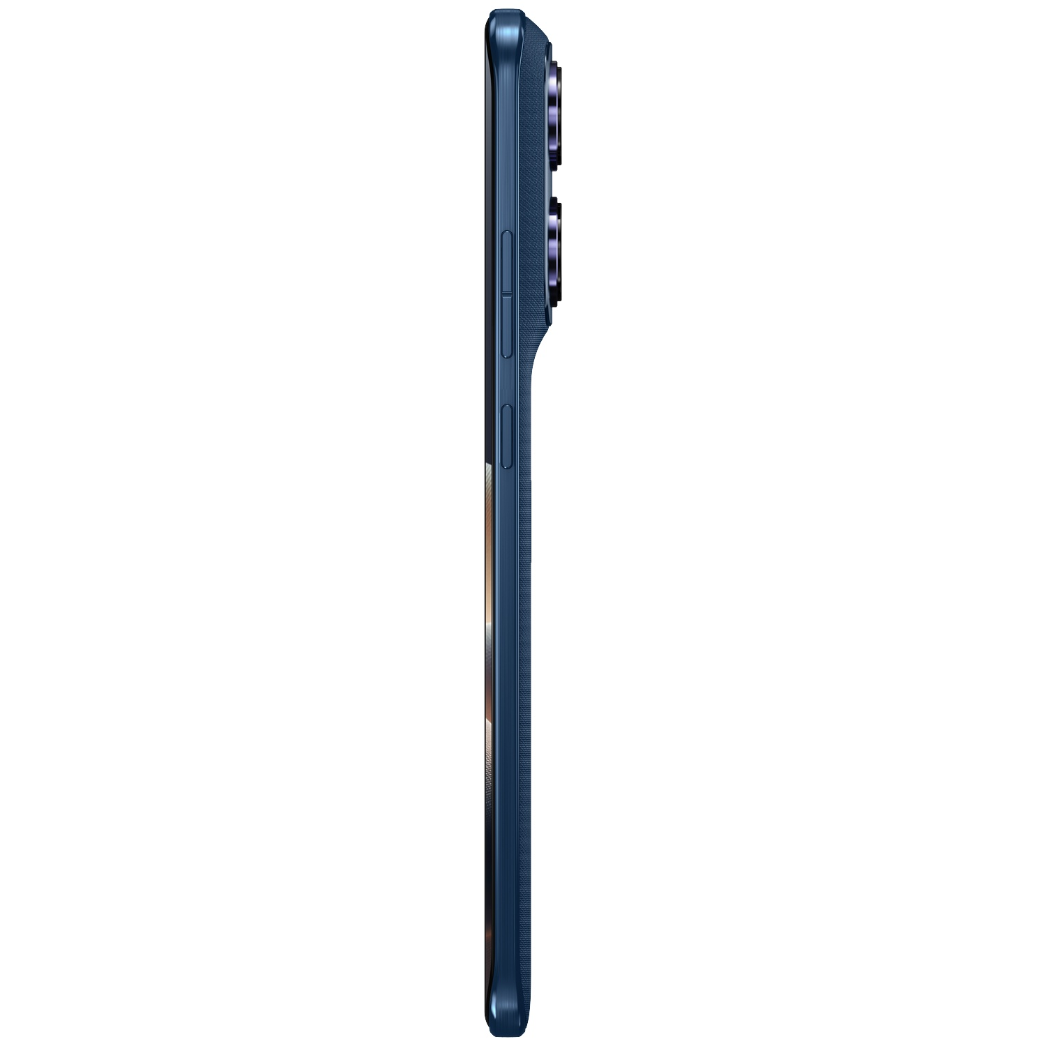 Vue latérale d'un smartphone bleu foncé montrant caméras et boutons.