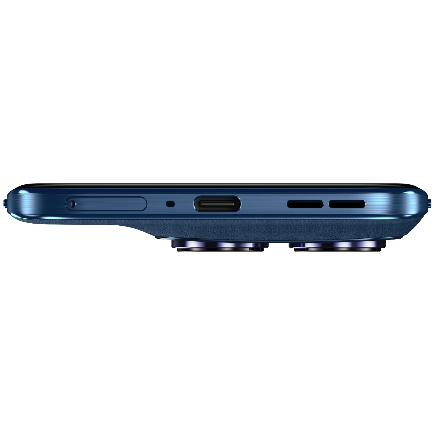 Côté bleu de smartphone avec port USB-C, grille de haut-parleur et lentilles de caméra.