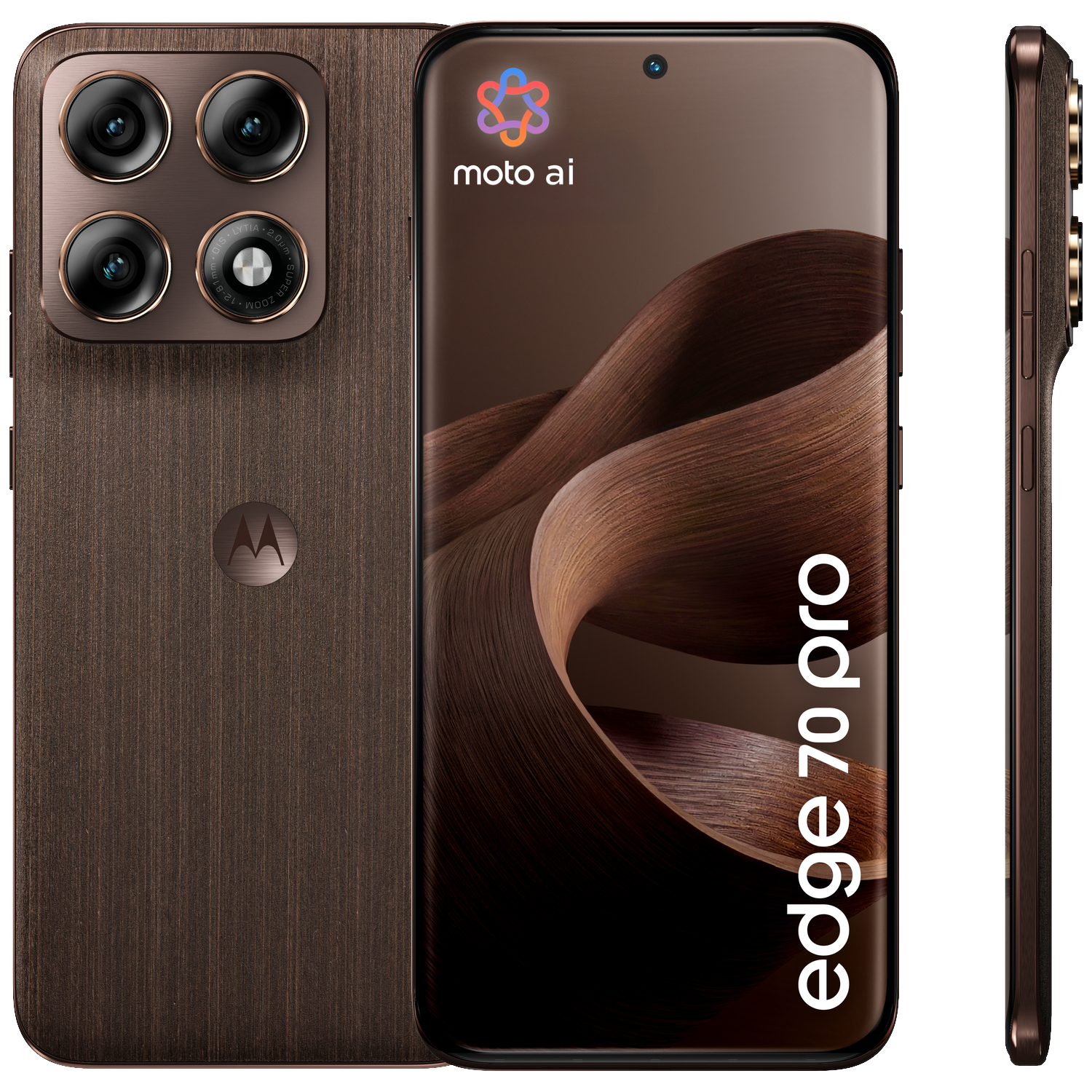 Trois vues d'un smartphone Motorola Edge 70 Pro marron avec quatre caméras.