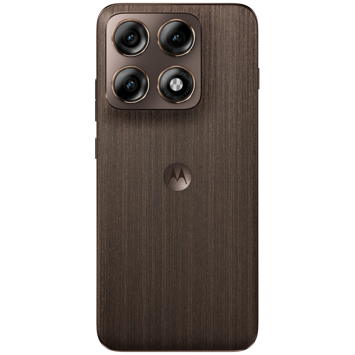 Arrière d'un smartphone aspect bois foncé avec quatre caméras et logo Motorola.