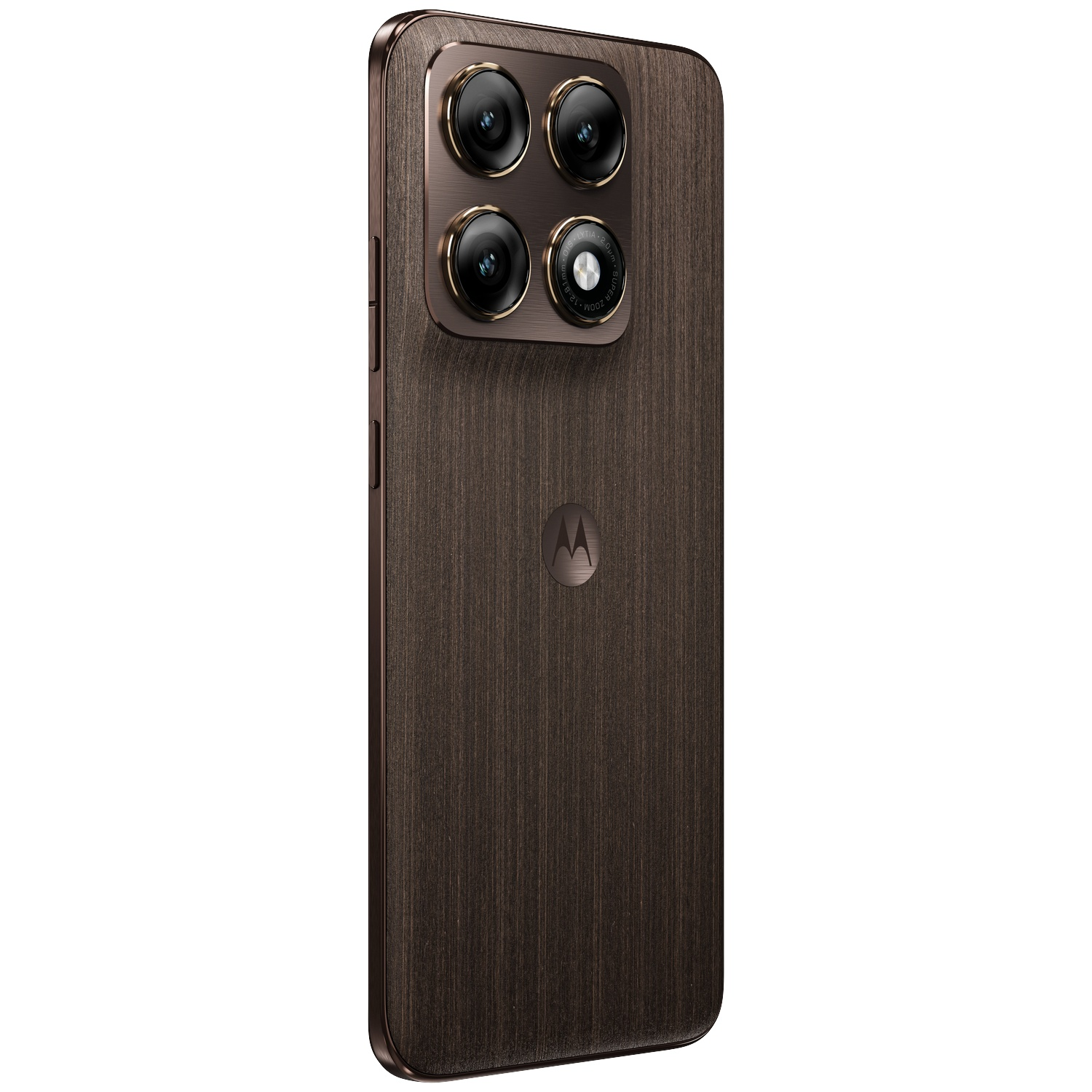 Dos d'un smartphone grain de bois foncé avec quatre caméras et logo Motorola.