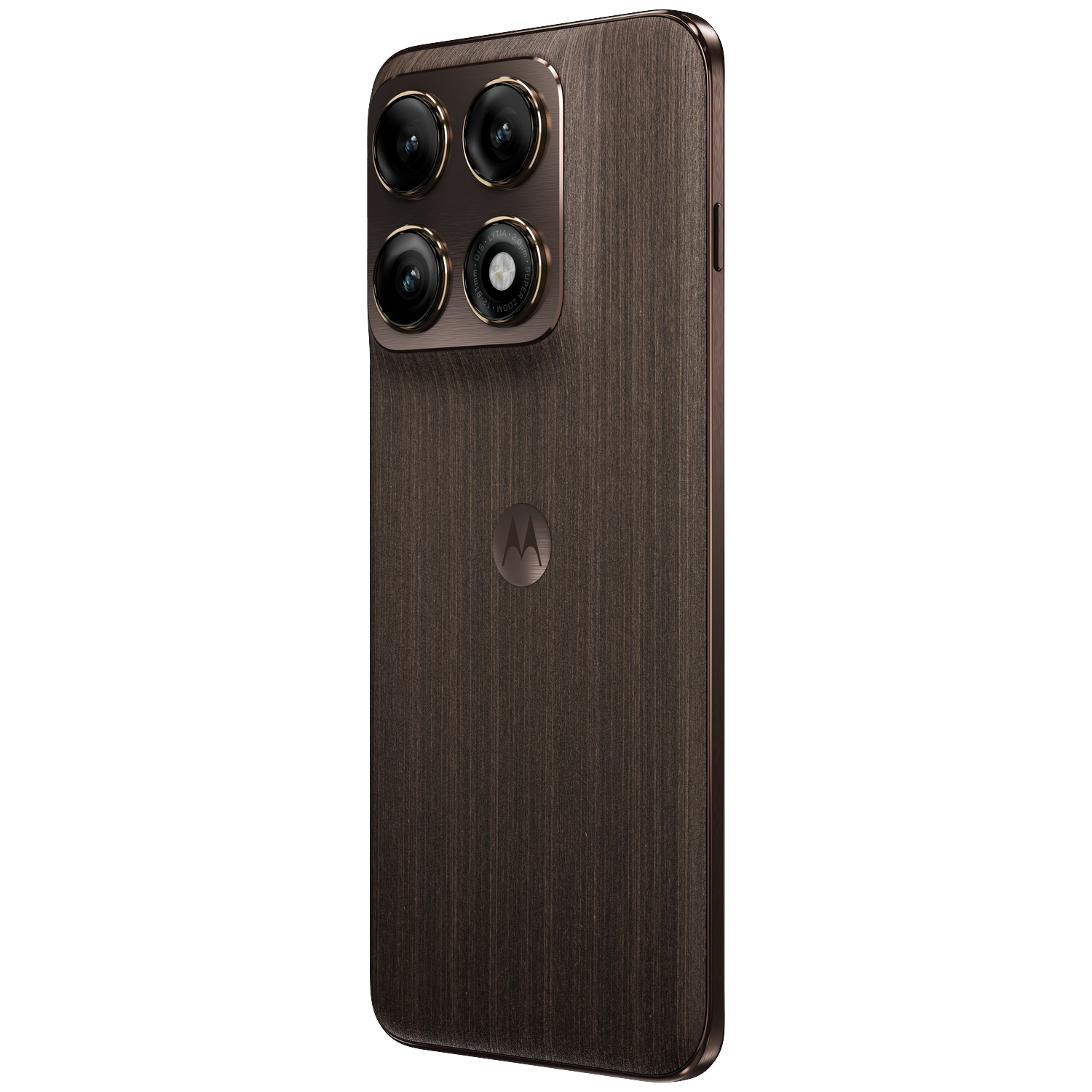 Smartphone marron foncé avec quatre caméras et logo Motorola au dos.