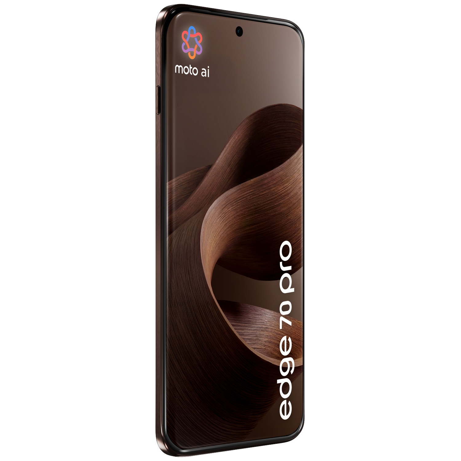 Un smartphone brun foncé affichant le logo "moto ai" et le texte "edge 70 pro".
