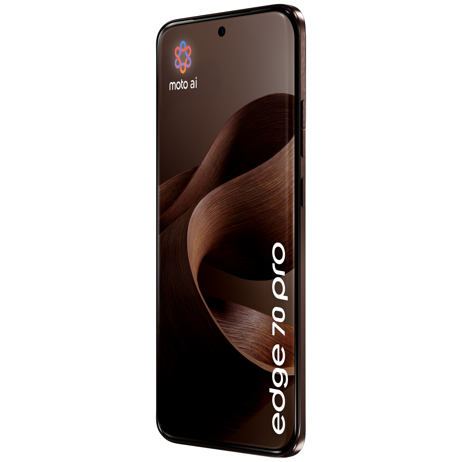 Un smartphone Motorola Edge 70 Pro affiche un motif abstrait ressemblant à du bois.