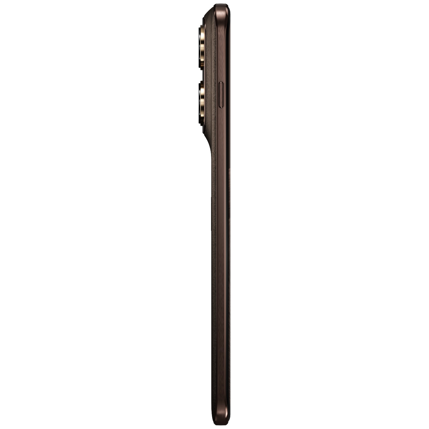 Smartphone marron foncé de profil avec caméras et boutons visibles.