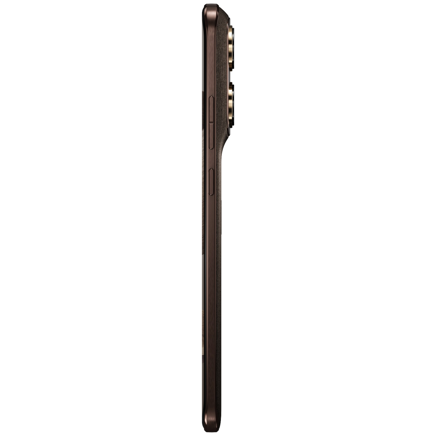Smartphone marron foncé de profil, avec caméras et boutons visibles.