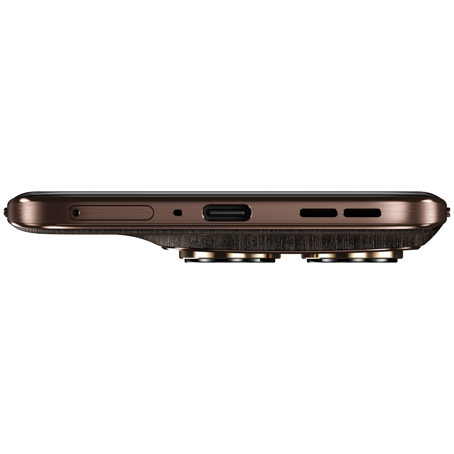 Gros plan du bord inférieur d'un smartphone marron, montrant le port USB-C.