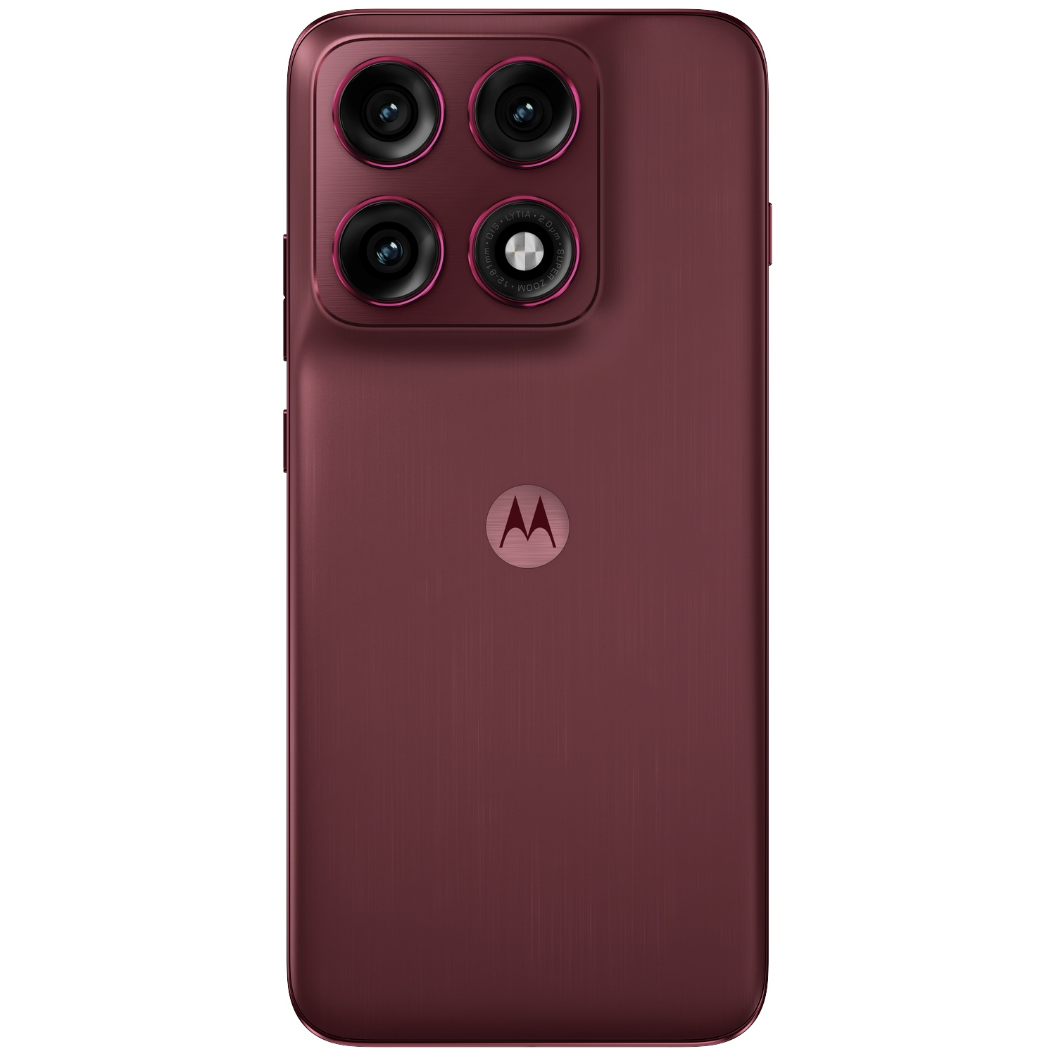 Dos d'un smartphone rouge foncé avec quatre objectifs et le logo Motorola.