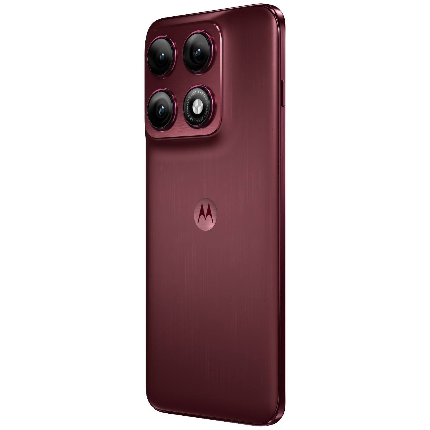 Un smartphone bordeaux avec quatre appareils photo et un logo Motorola.