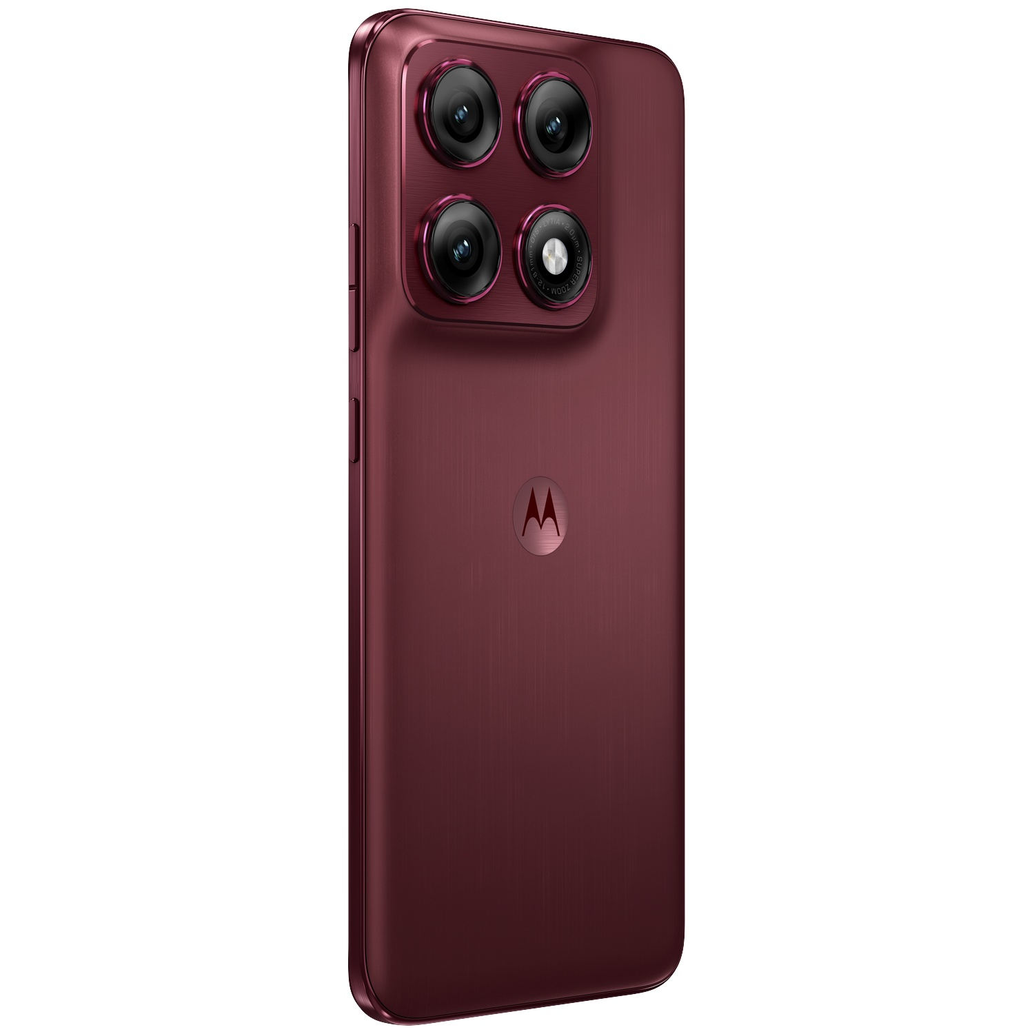 Arrière d'un smartphone rouge foncé avec quatre caméras et logo Motorola.