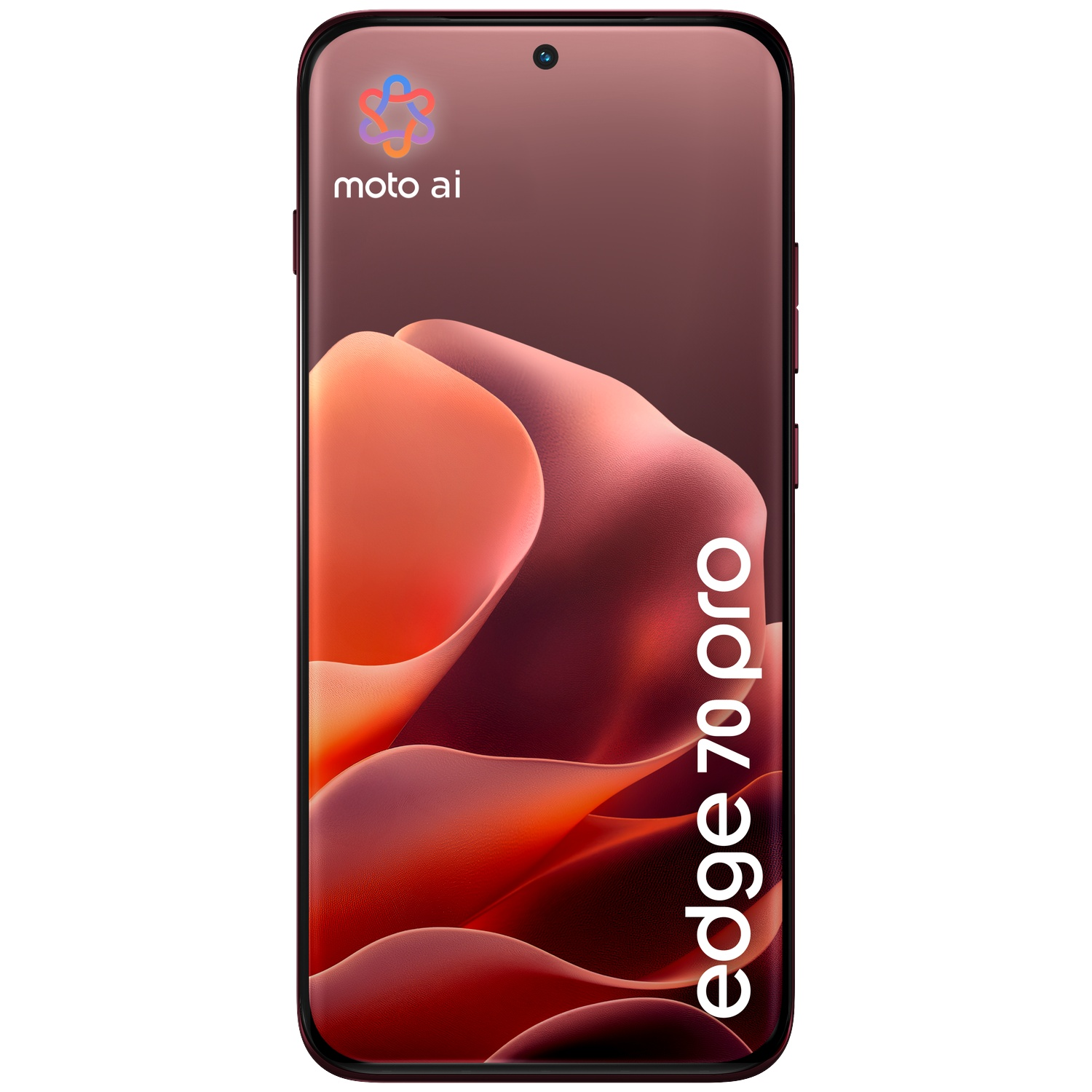 Un téléphone avec fond rouge, formes organiques et texte 'moto ai'.