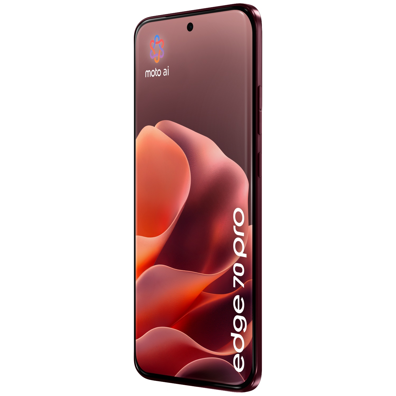 Un smartphone rouge foncé affichant le texte "edge 70 pro" et le logo "moto ai".