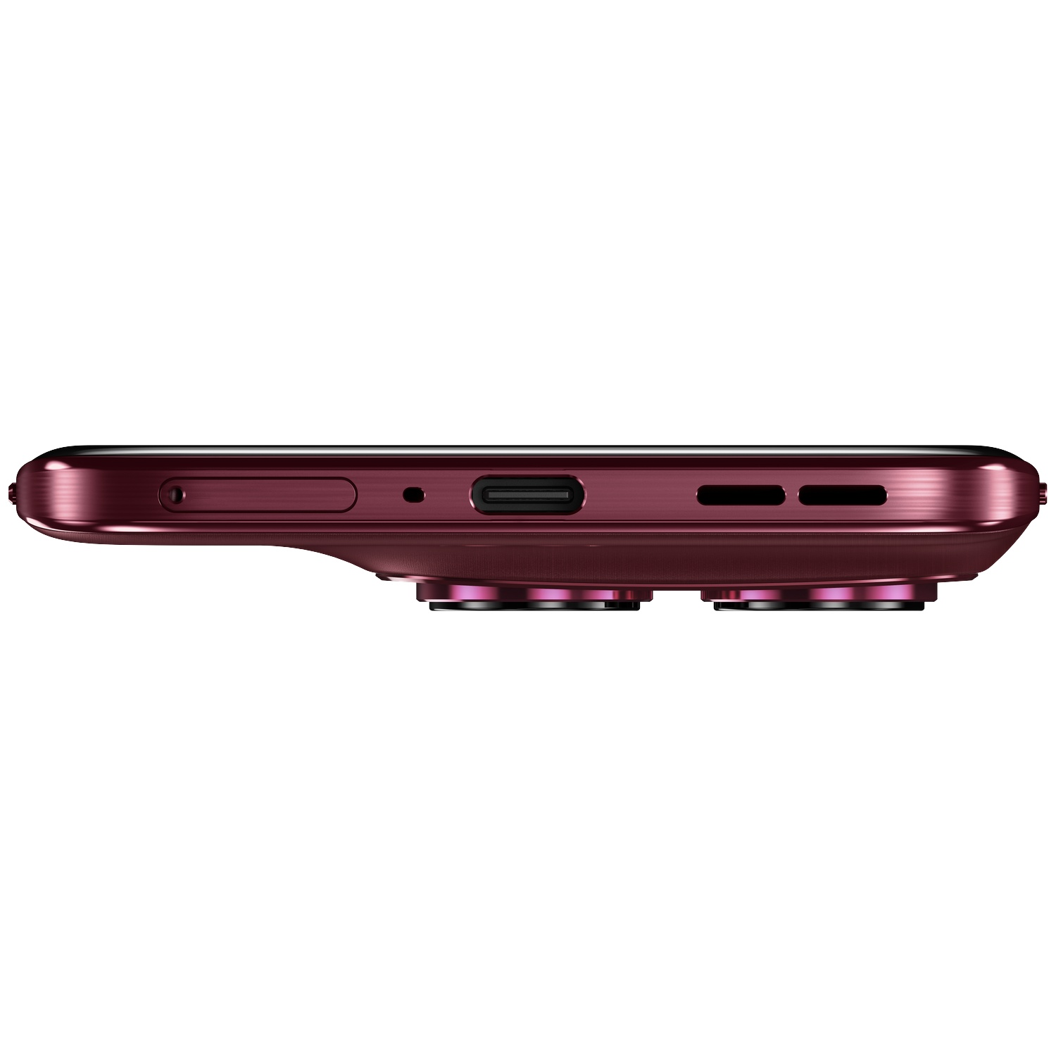 Smartphone bordeaux, vue latérale avec USB-C, haut-parleurs et caméras.