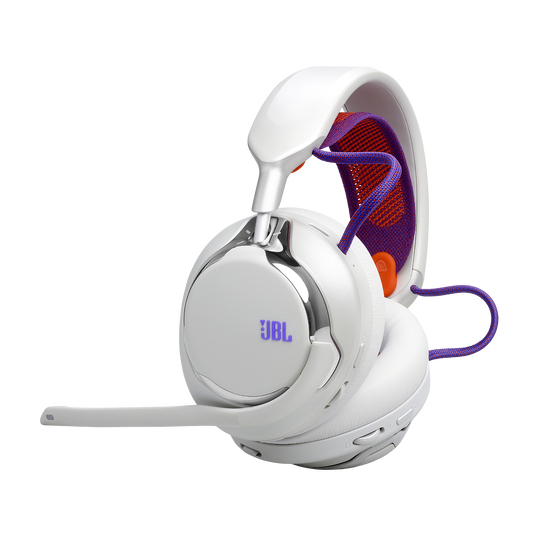Białe słuchawki z mikrofonem, fioletowymi akcentami i logo JBL.