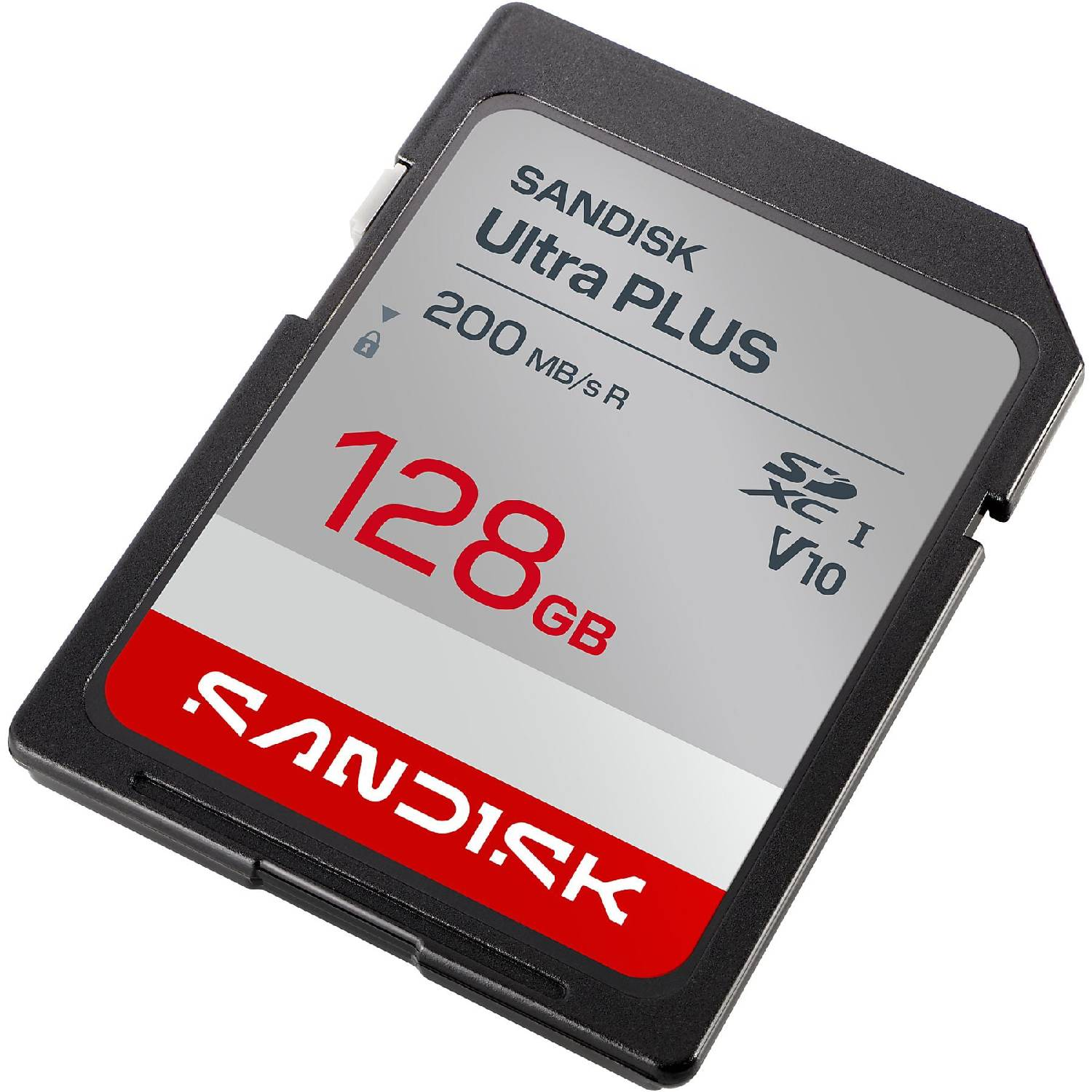 Una tarjeta de memoria SanDisk 128GB Ultra PLUS SDXC negra con acentos rojos.