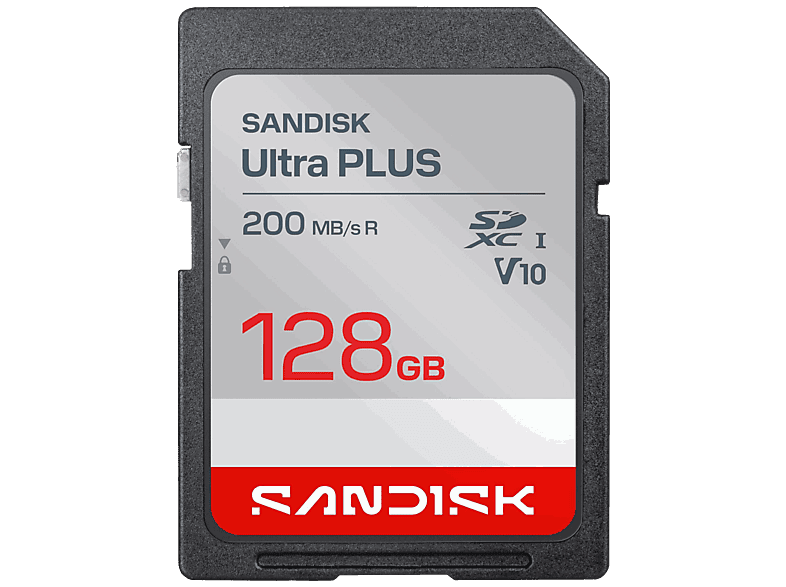 Tarjeta SD – SANDISK Ultra Plus, 128 GB, Hasta 200 MB/s, UHS-I, Vídeo Full HD, V10, C10, Resistente al Agua, Plata