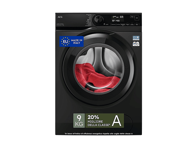 AEG LR7FH94DG LAVATRICE, Caricamento frontale, 9 kg, 13 programmi, Profondità 57,6 cm, Giri 1400 rpm, Nero, livello rumorosità centrifuga 72 dB(A), Classe A