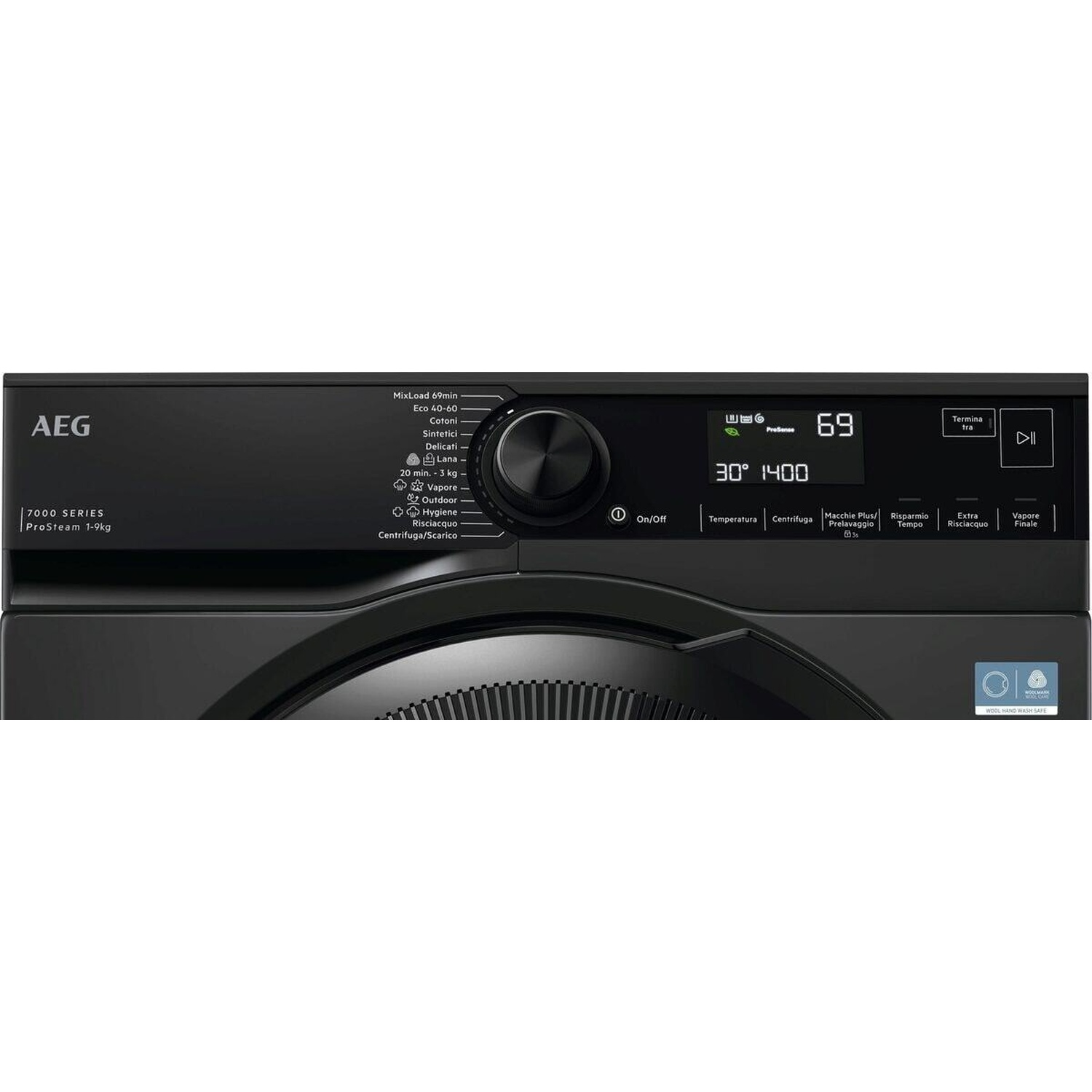 Lavatrice AEG nera con display digitale e selezione programmi.