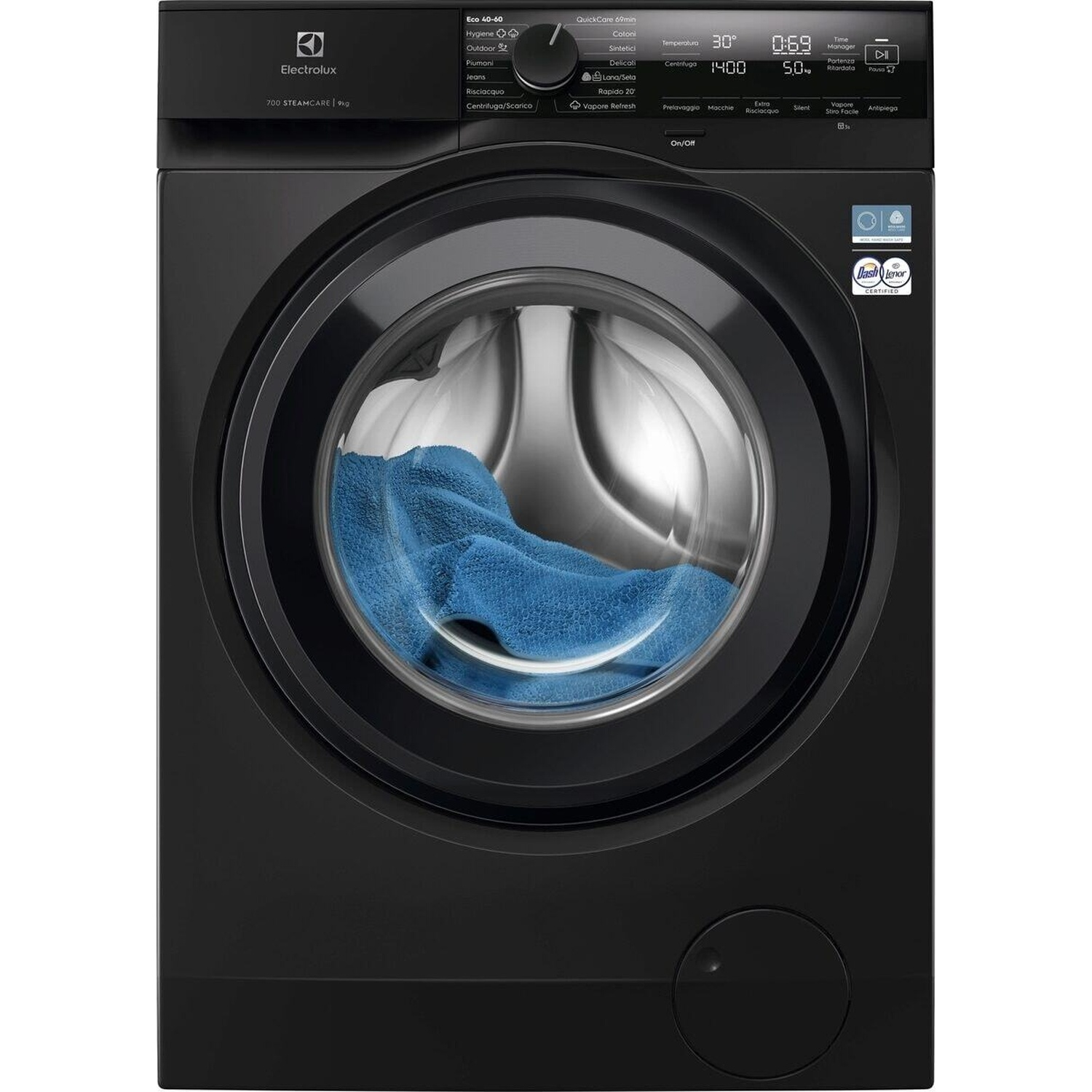 Lavatrice Electrolux nera con pannello di controllo e oblò tondo contenente un asciugamano blu.