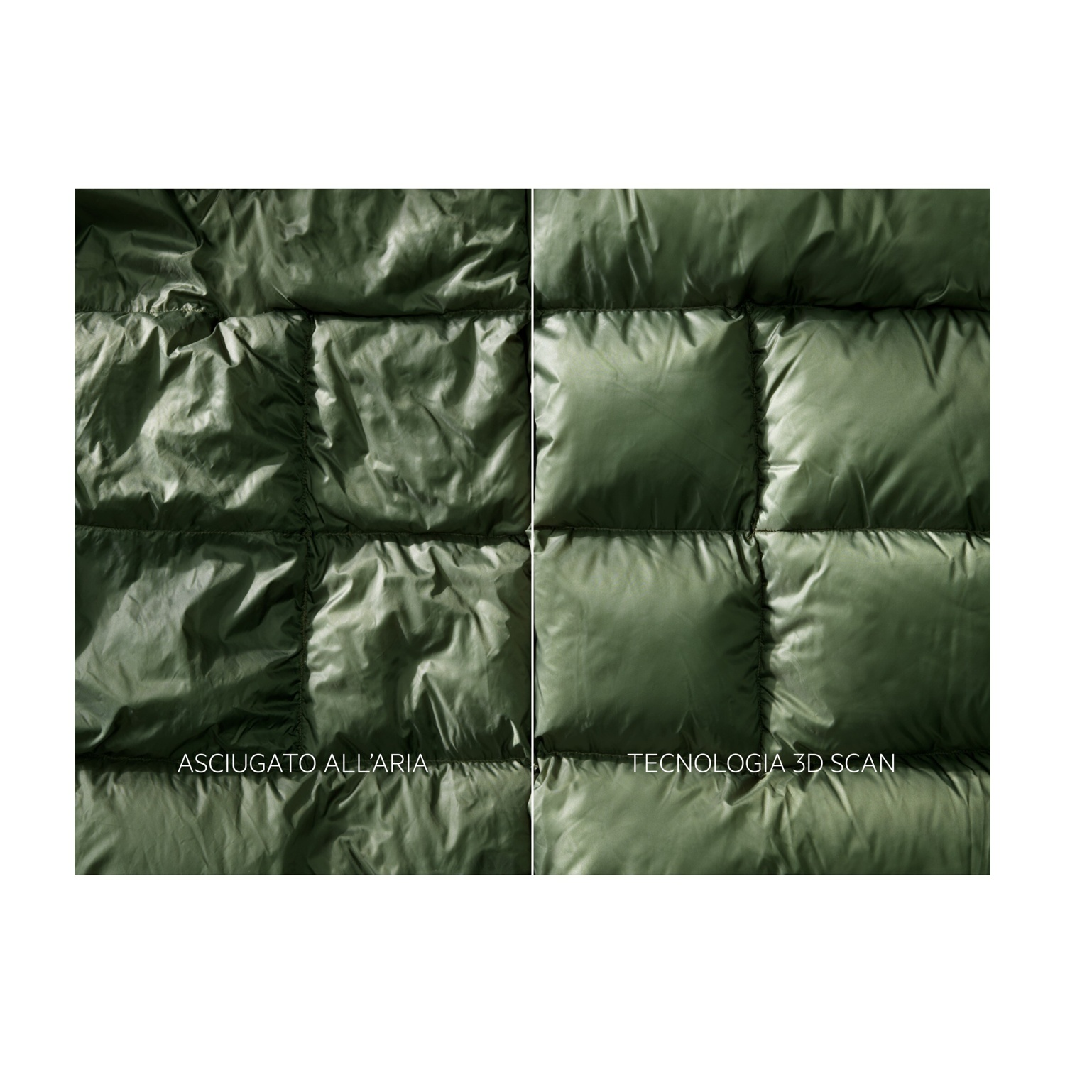 Due pannelli di tessuto verde trapuntato. Sinistra: asciugato all'aria. Destra: tecnologia 3D scan.