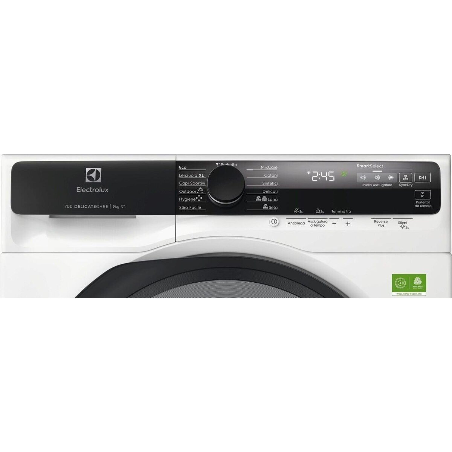 Pannello di controllo di una lavatrice Electrolux bianca con selezione programmi e display digitale.