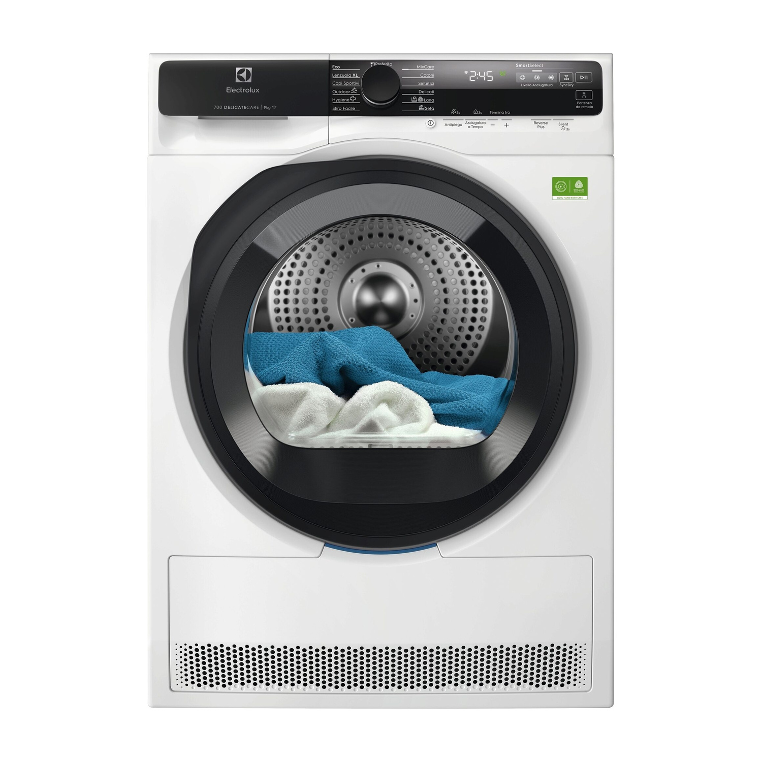 Asciugatrice bianca Electrolux con porta e display neri. Asciugamani blu e bianchi all'interno.