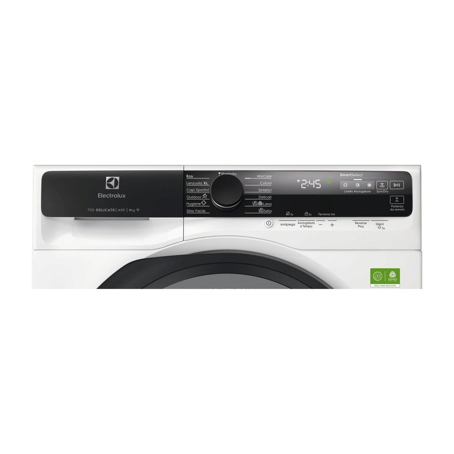 Parte anteriore di un'asciugatrice Electrolux bianca con pannello di controllo e display neri.