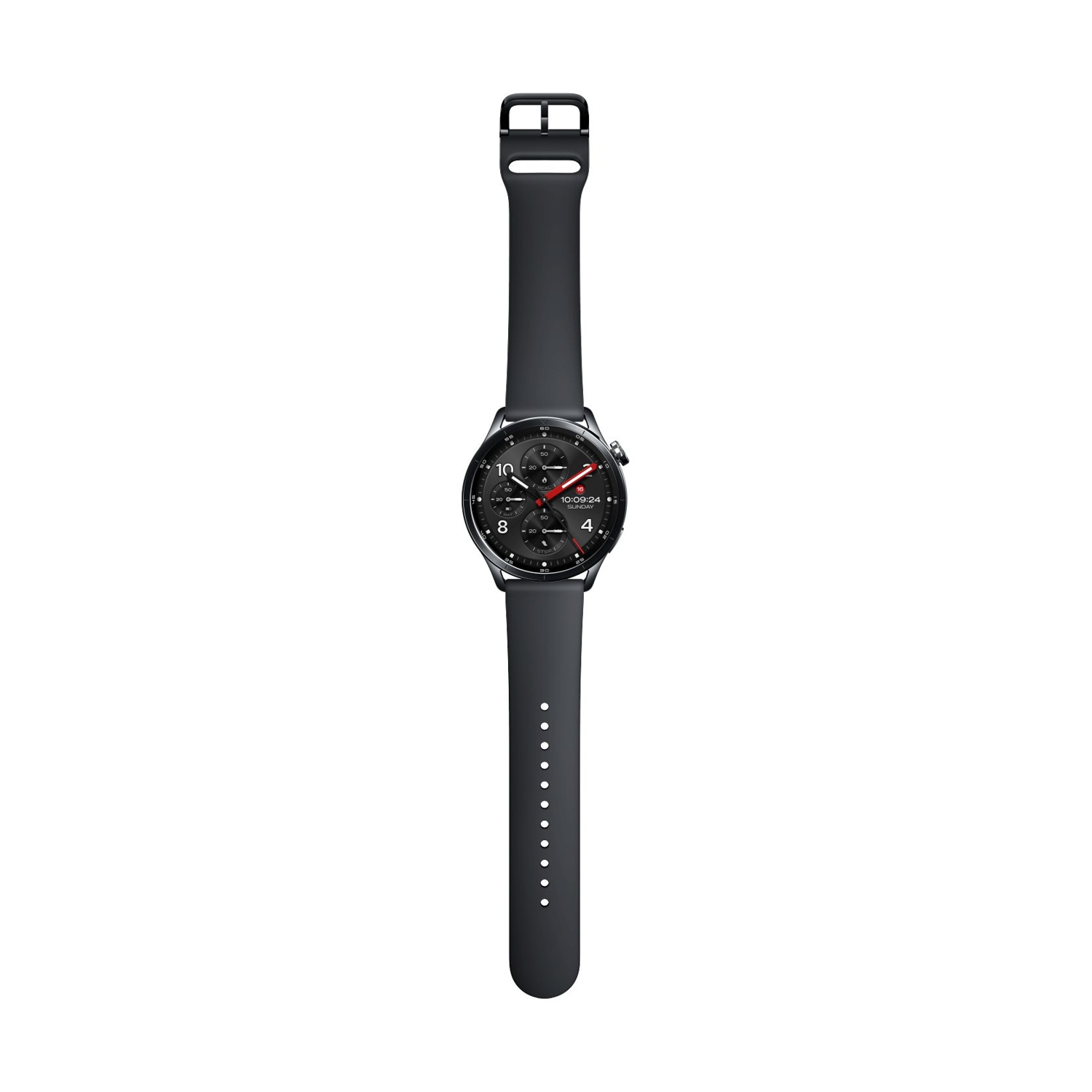 Uno smartwatch nero con quadrante rotondo e cinturino nero.