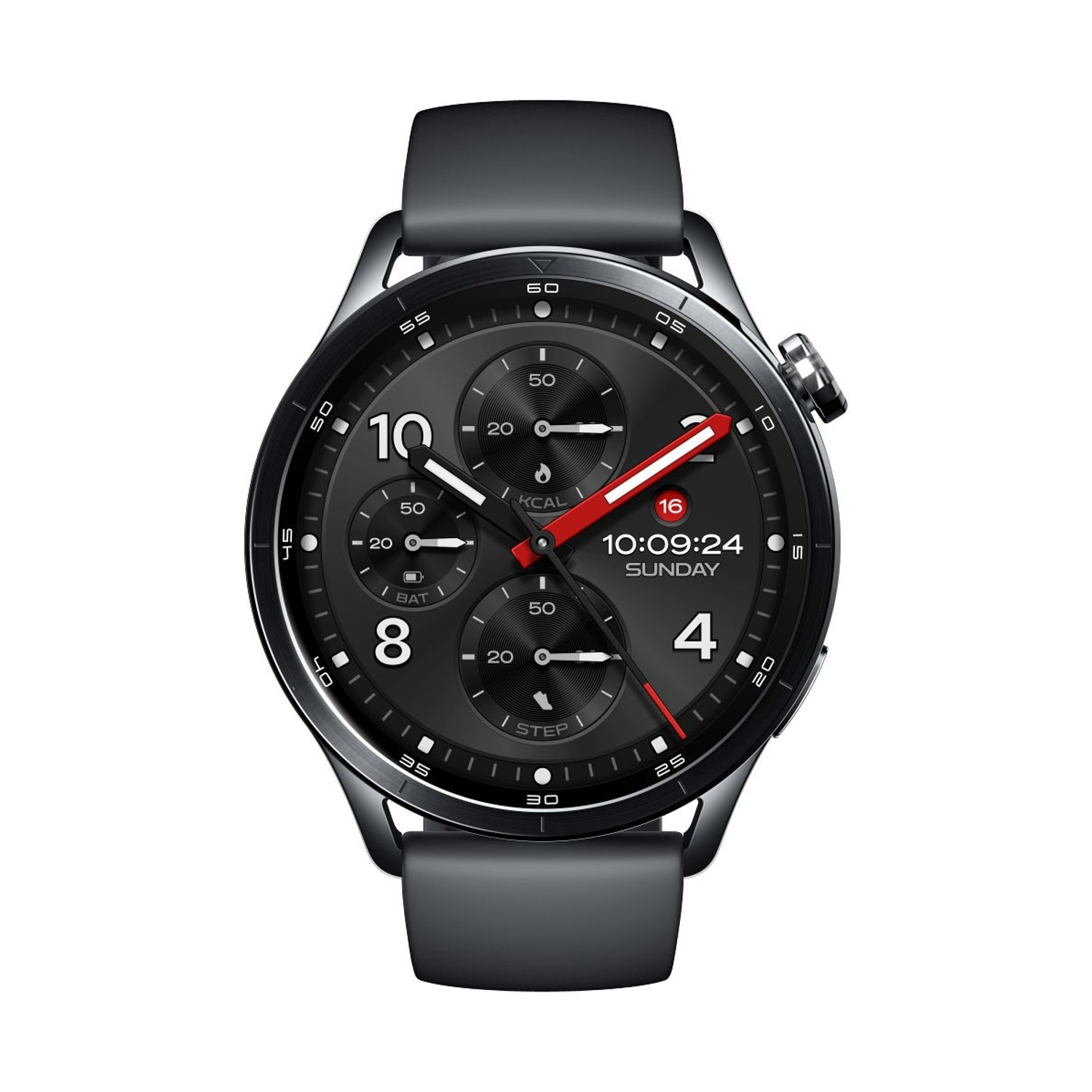 Uno smartwatch nero con quadrante rotondo che mostra ora, data e statistiche fitness.
