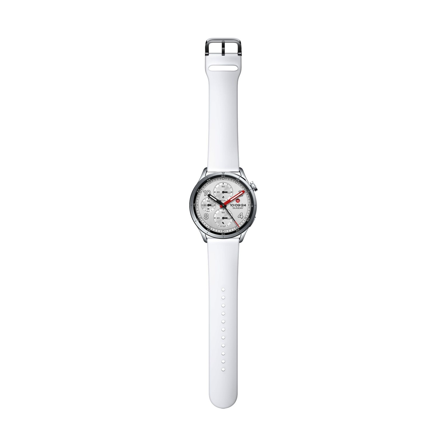 Uno smartwatch bianco con quadrante argentato e accenti rossi su sfondo bianco.