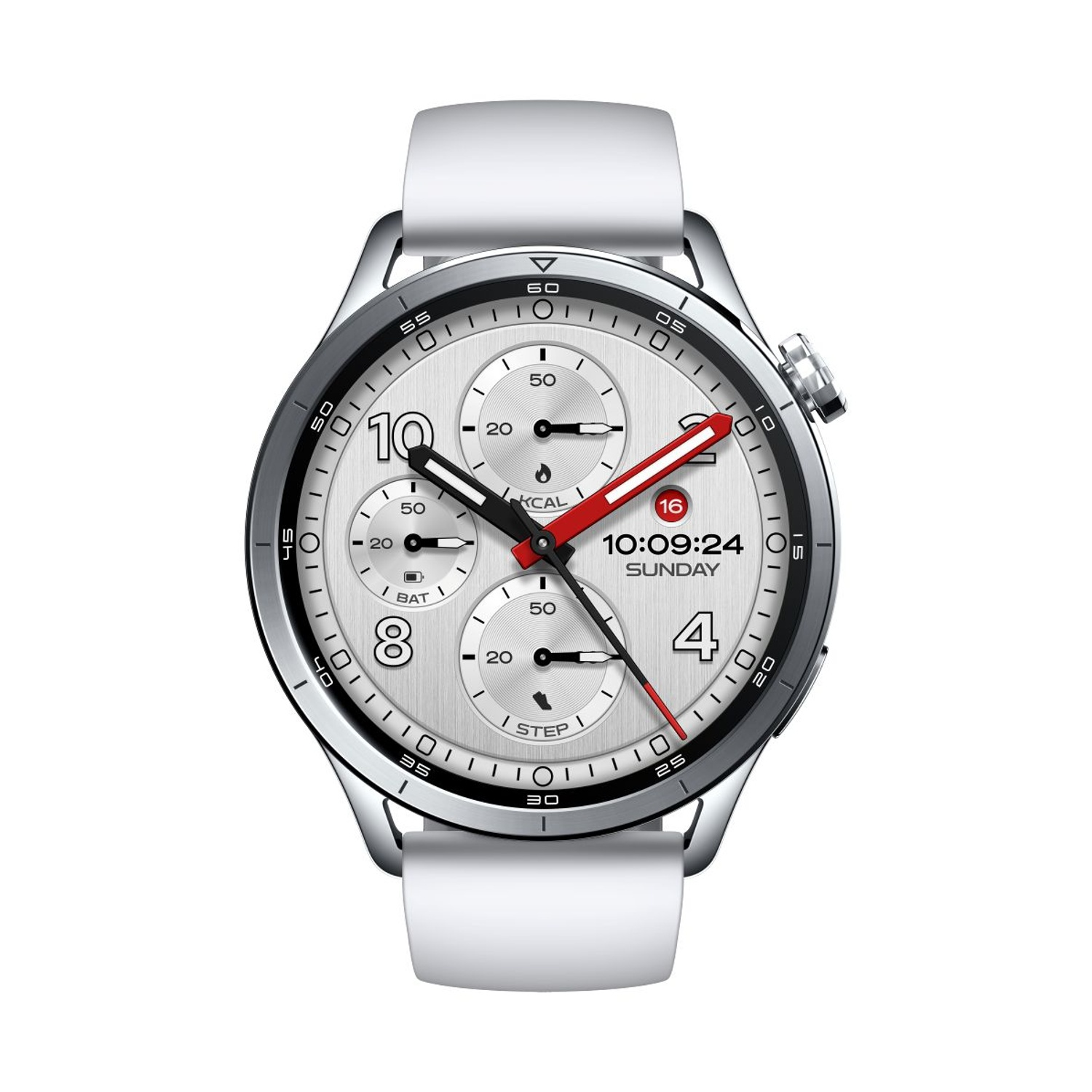Smartwatch argentato con cinturino bianco. Il quadrante mostra 10:09:24 Domenica e ha tre sottoquadranti.