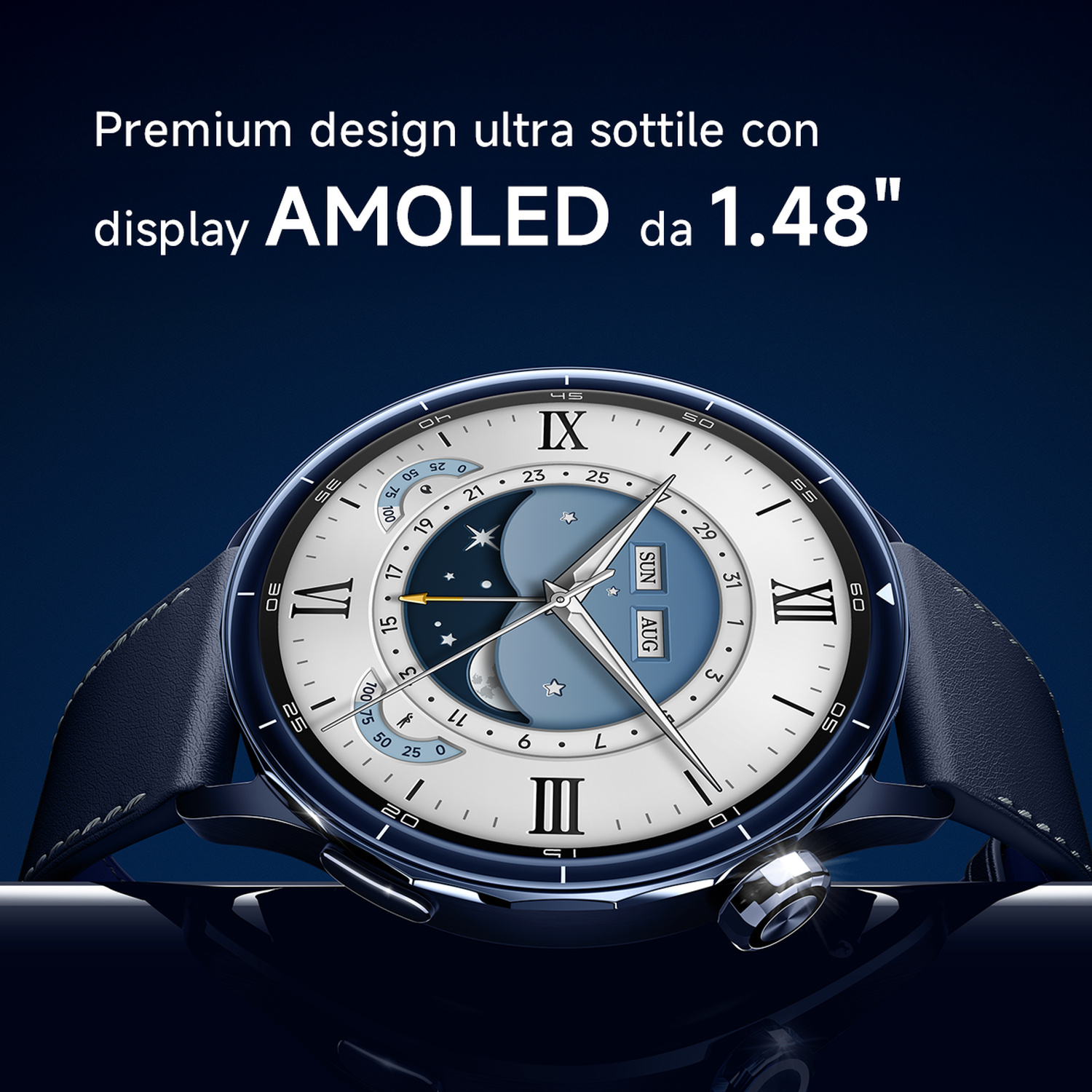 Un elegante smartwatch con cinturino in pelle blu e display AMOLED.