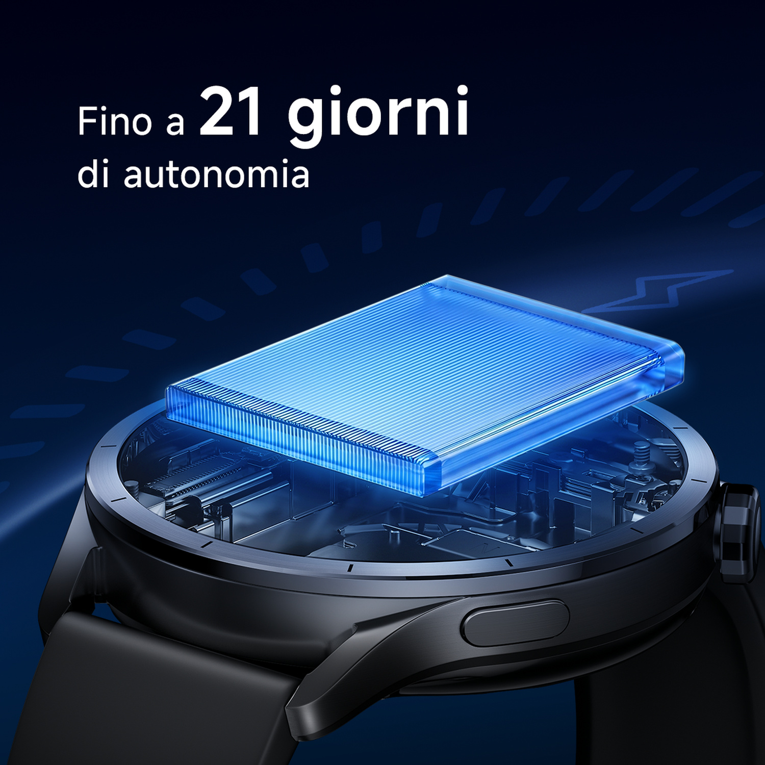 Primo piano di uno smartwatch con una batteria blu luminosa all'interno. Testo: Fino a 21 giorni di autonomia.