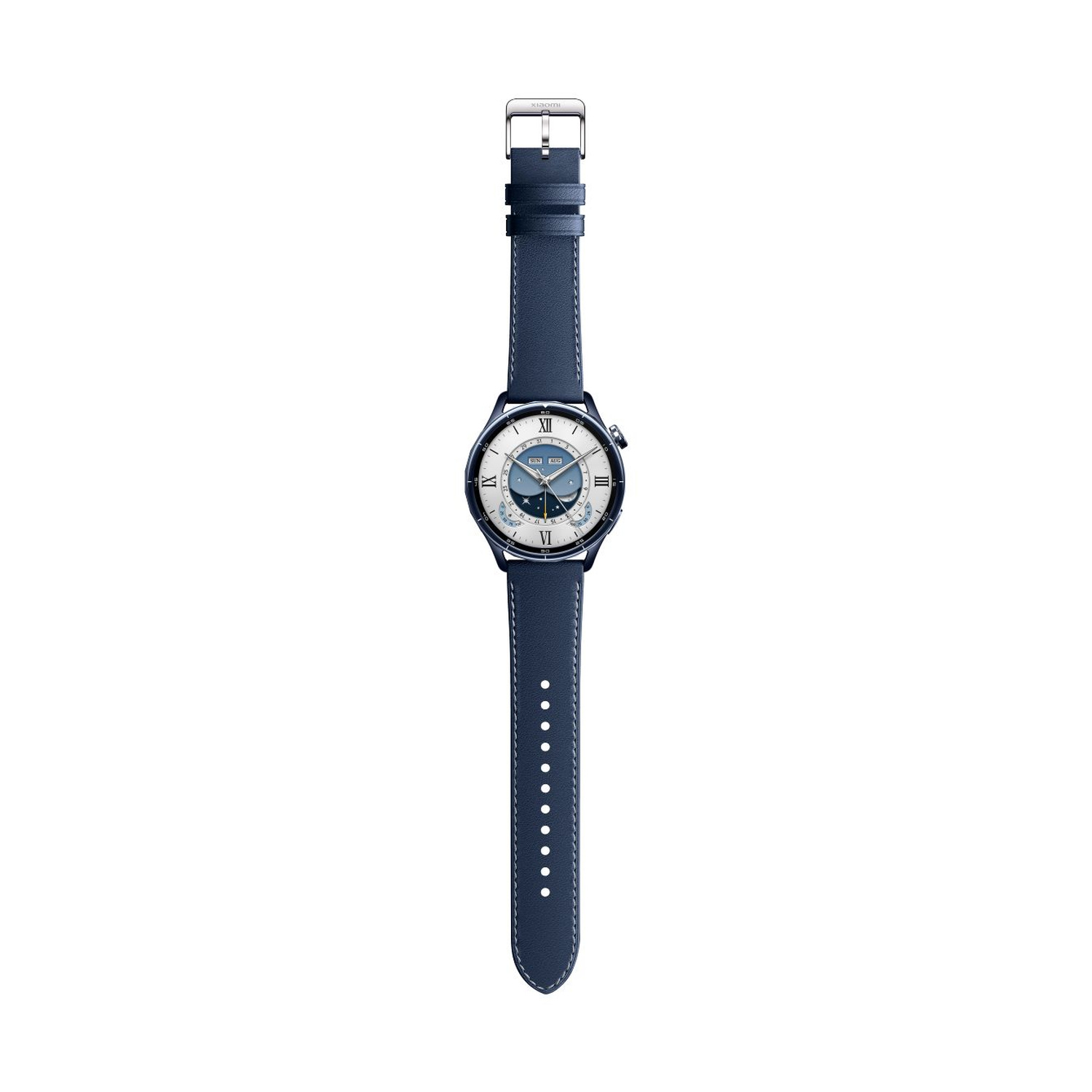 Uno smartwatch blu scuro con cassa argentata e numeri romani sul quadrante.