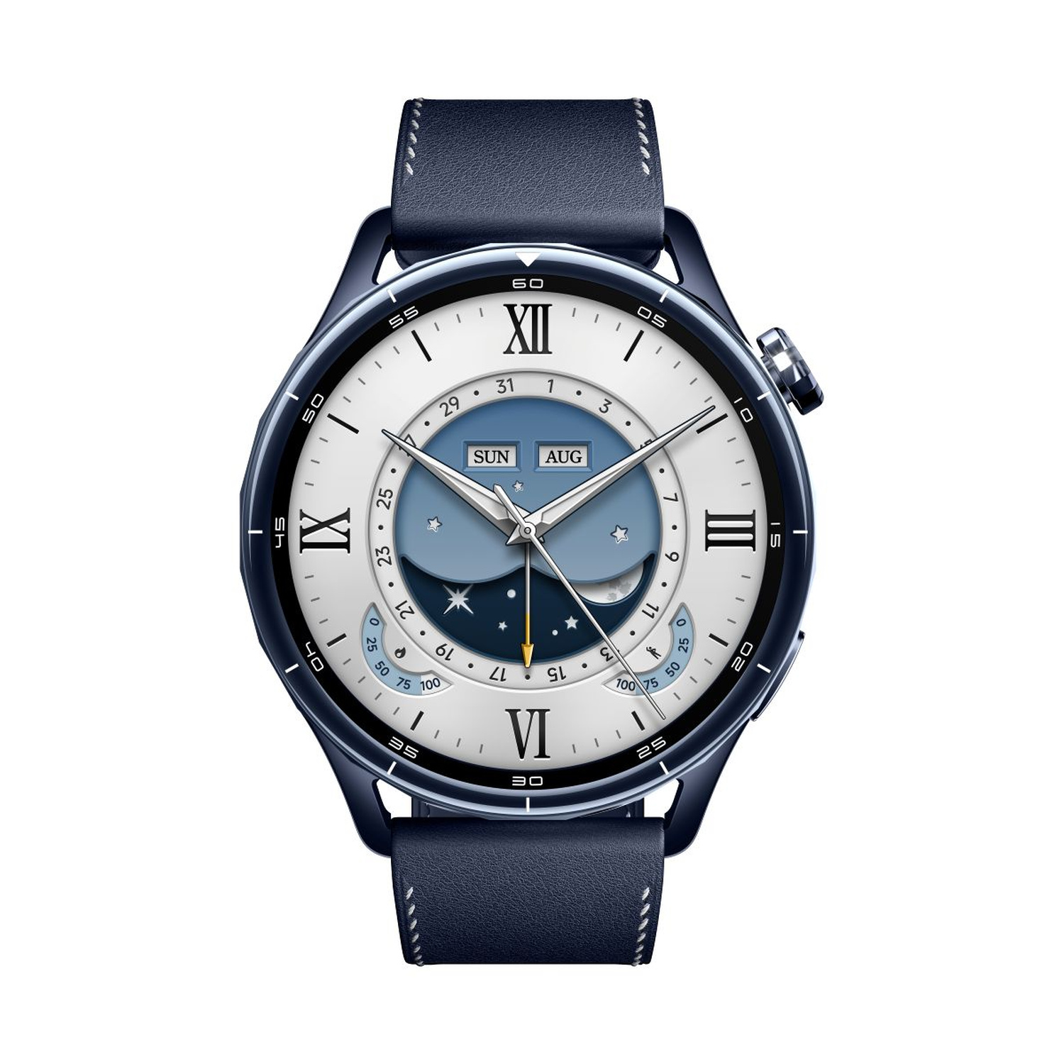 Uno smartwatch con cinturino in pelle blu scuro, quadrante bianco e numeri romani.