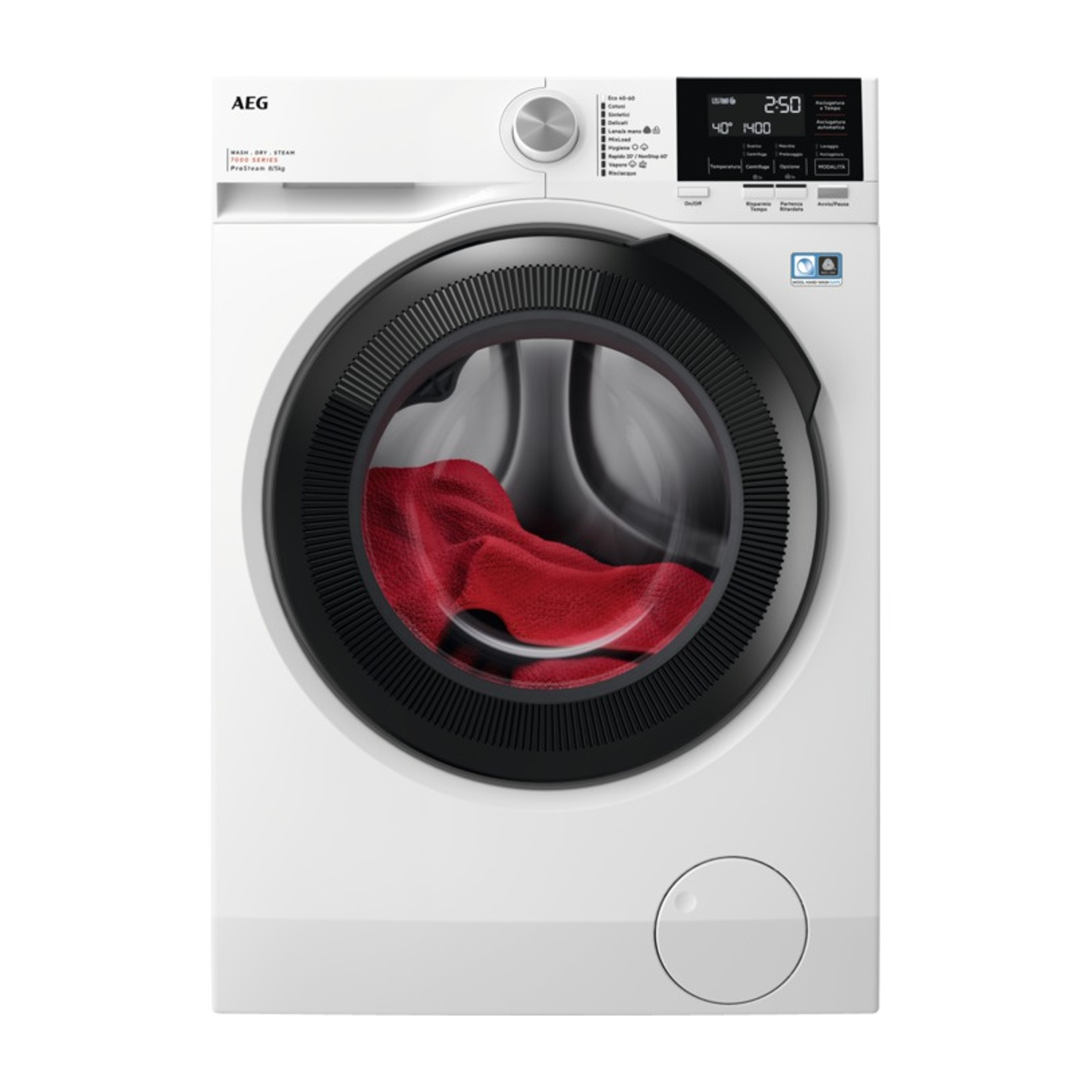 Lavatrice AEG bianca con tessuto rosso nell'oblò e display digitale.