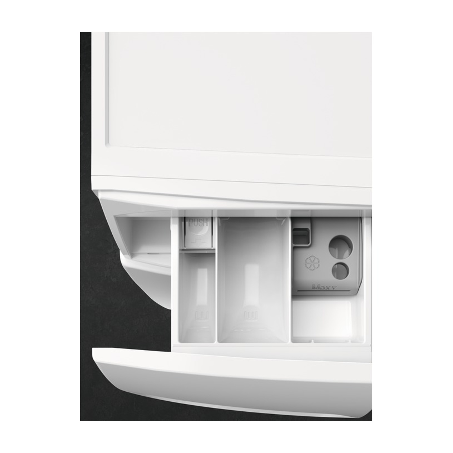 Cassetto detersivo bianco lavatrice con scomparti per liquidi e polvere.