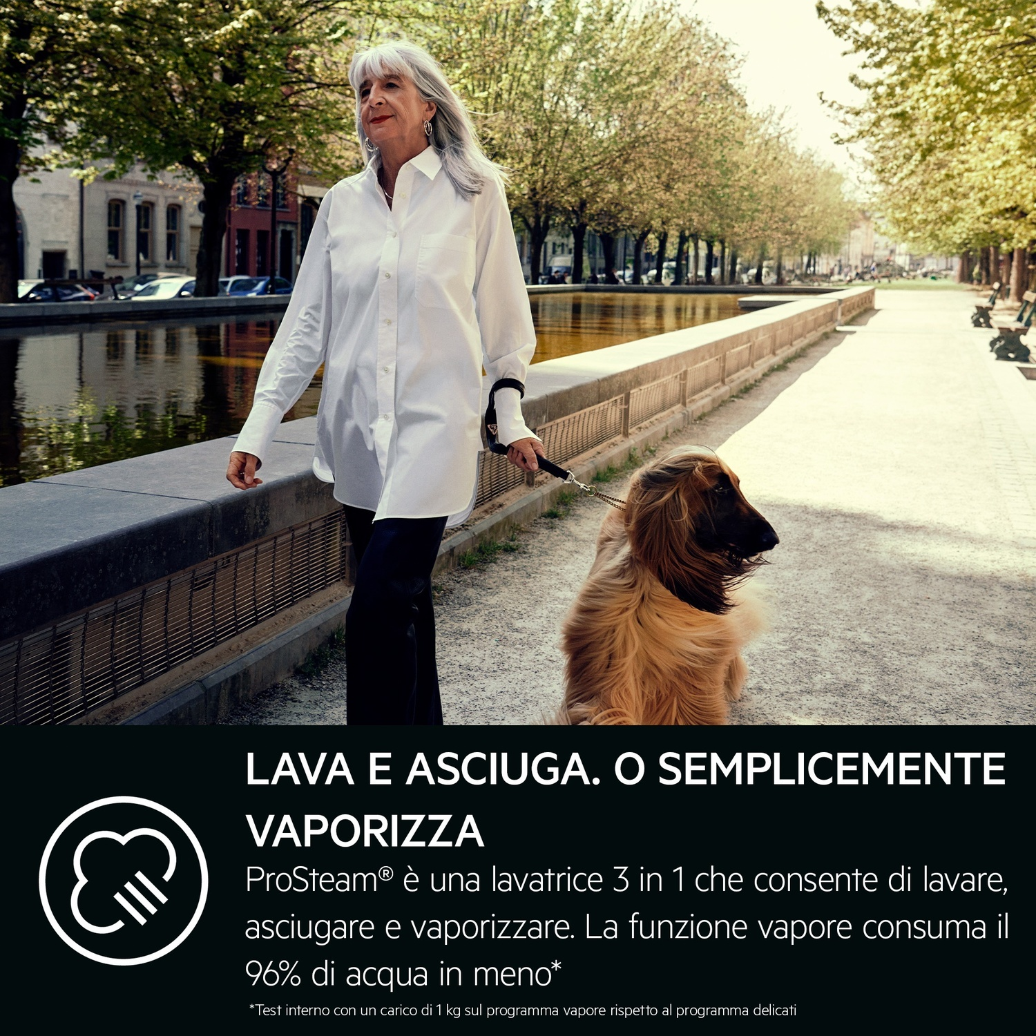 Una donna porta a spasso un cane lungo un canale. Alberi costeggiano il viale.