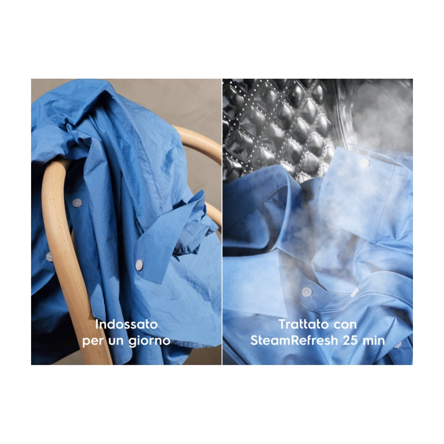 Camicia blu a sinistra su sedia, a destra nel vapore di una lavatrice.
