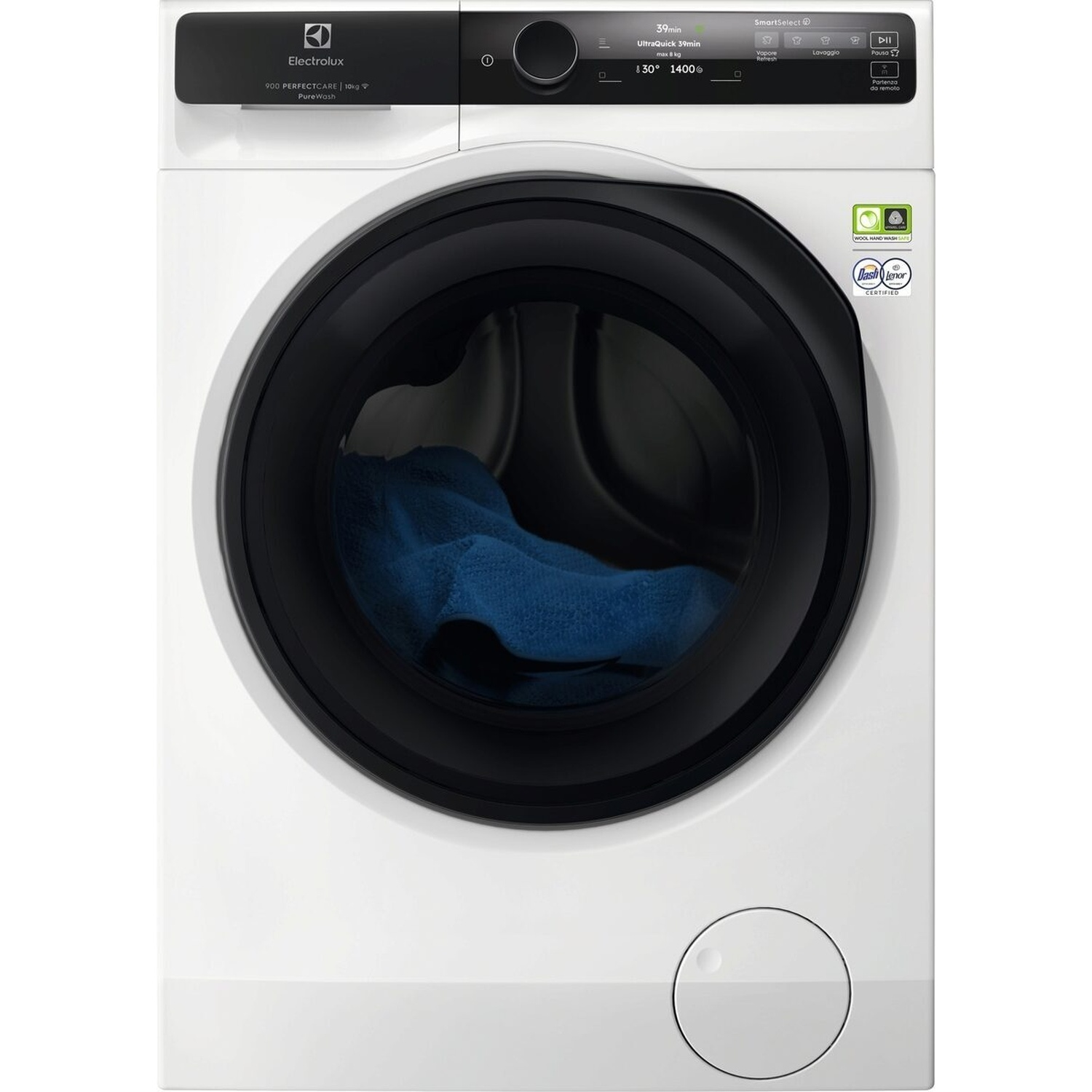 Lavatrice bianca Electrolux con oblò nero e tessuti blu all'interno.