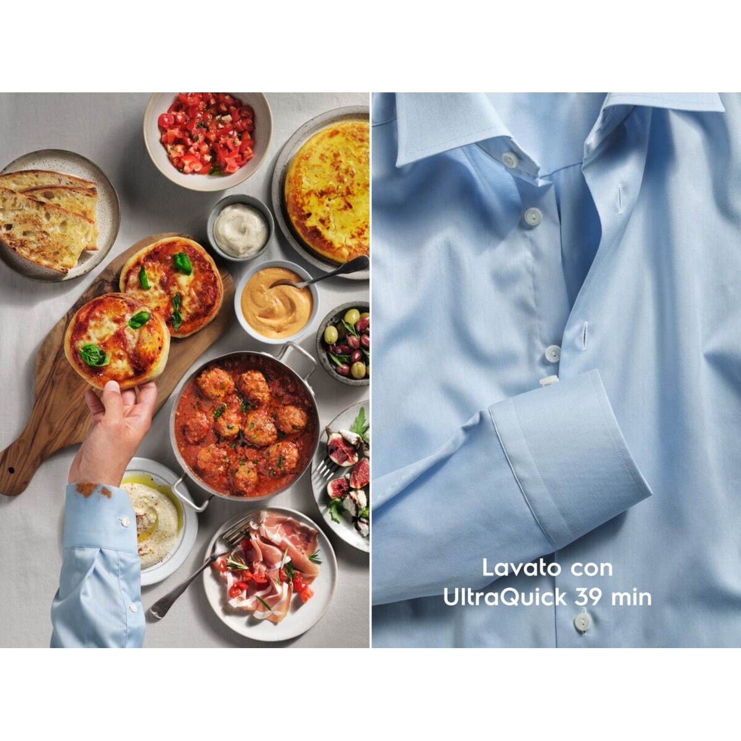 Camicia blu accanto a cibo italiano e testo.