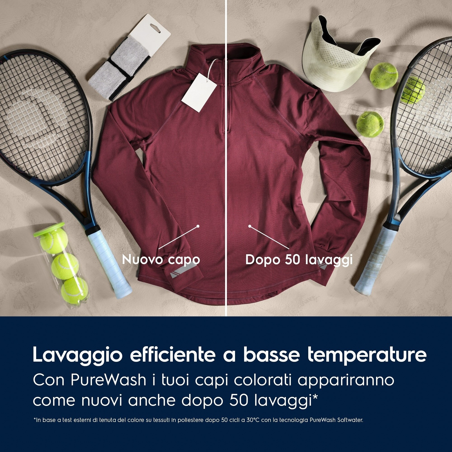 Maglia sportiva bordeaux con attrezzatura da tennis, nuova e dopo 50 lavaggi.