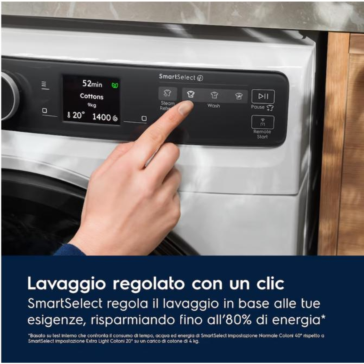 Una mano aziona il pannello di controllo di una lavatrice con display e pulsanti.