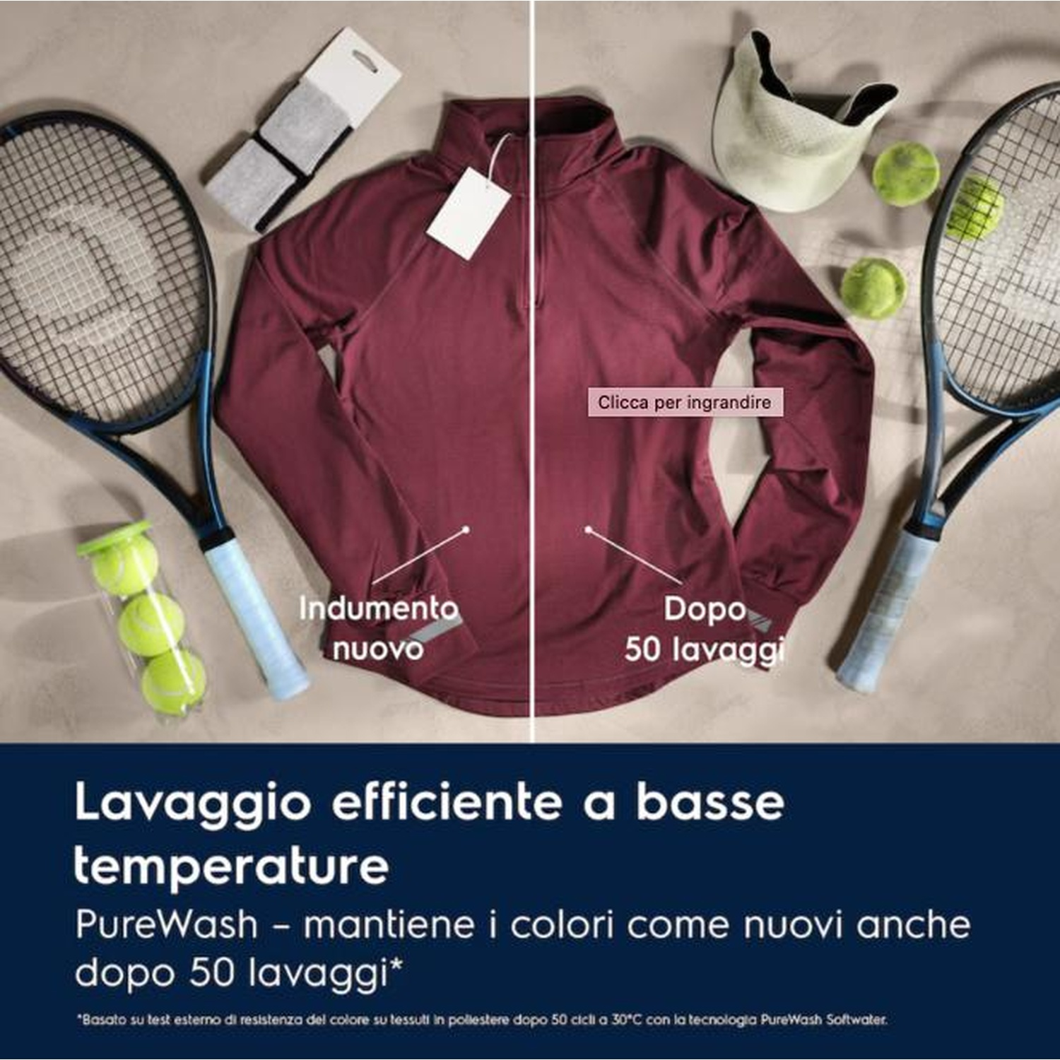 Un top sportivo rosso, racchette da tennis, palline e calzini affiancati.