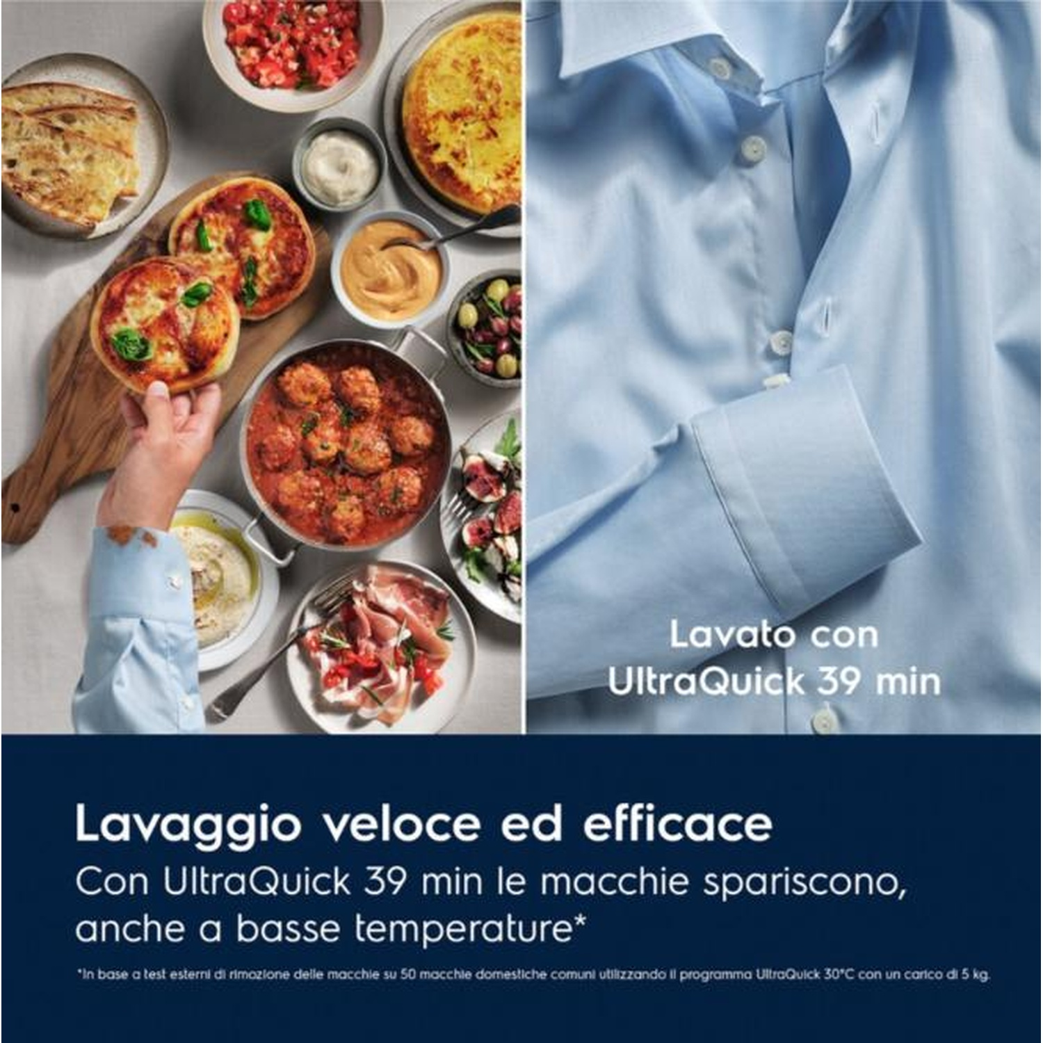 Una camicia azzurra accanto a cibo come pizza e polpette.