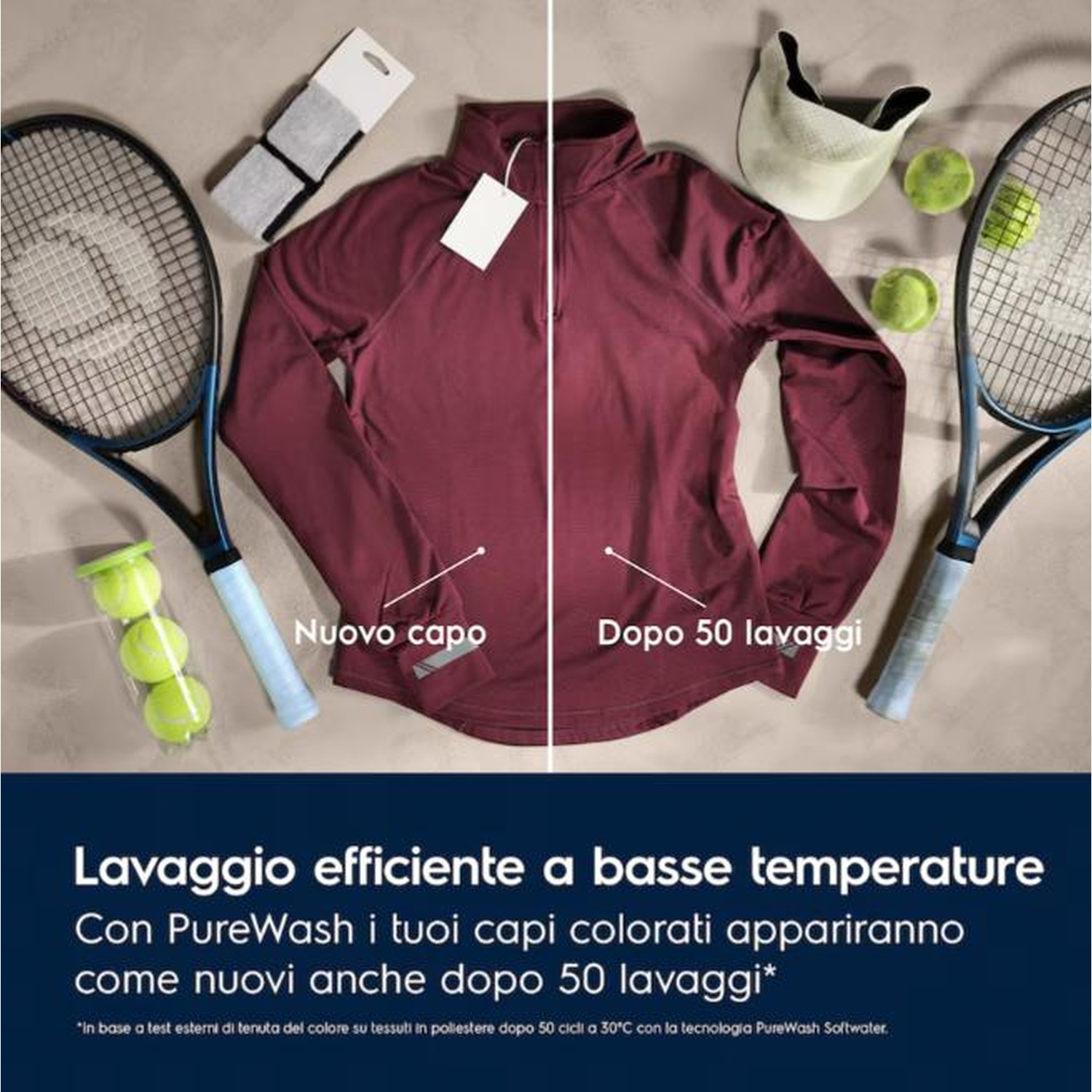 Abbigliamento sportivo bordeaux, racchetta, palline e cappellino prima e dopo 50 lavaggi.