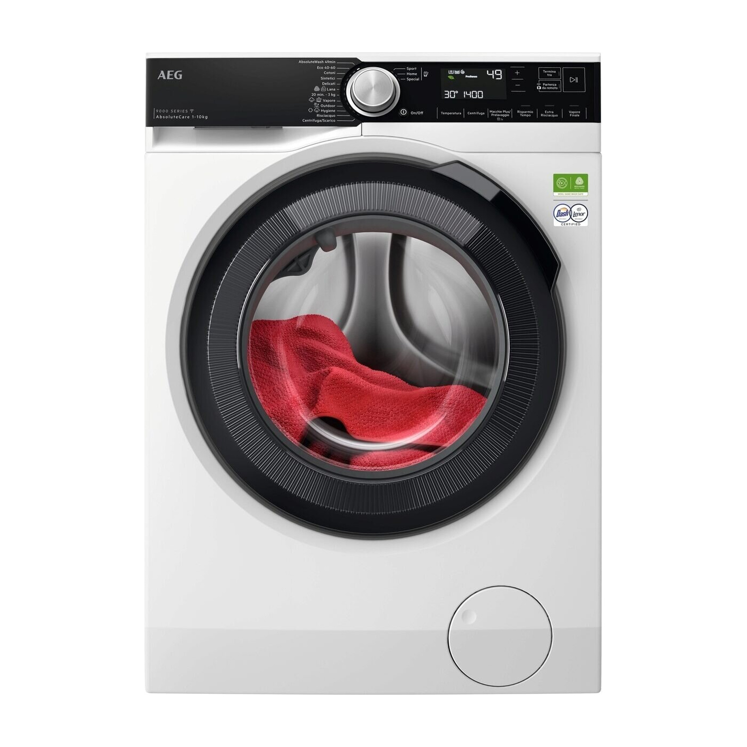 Lavatrice AEG bianca con asciugamano rosso nel cestello e display digitale.